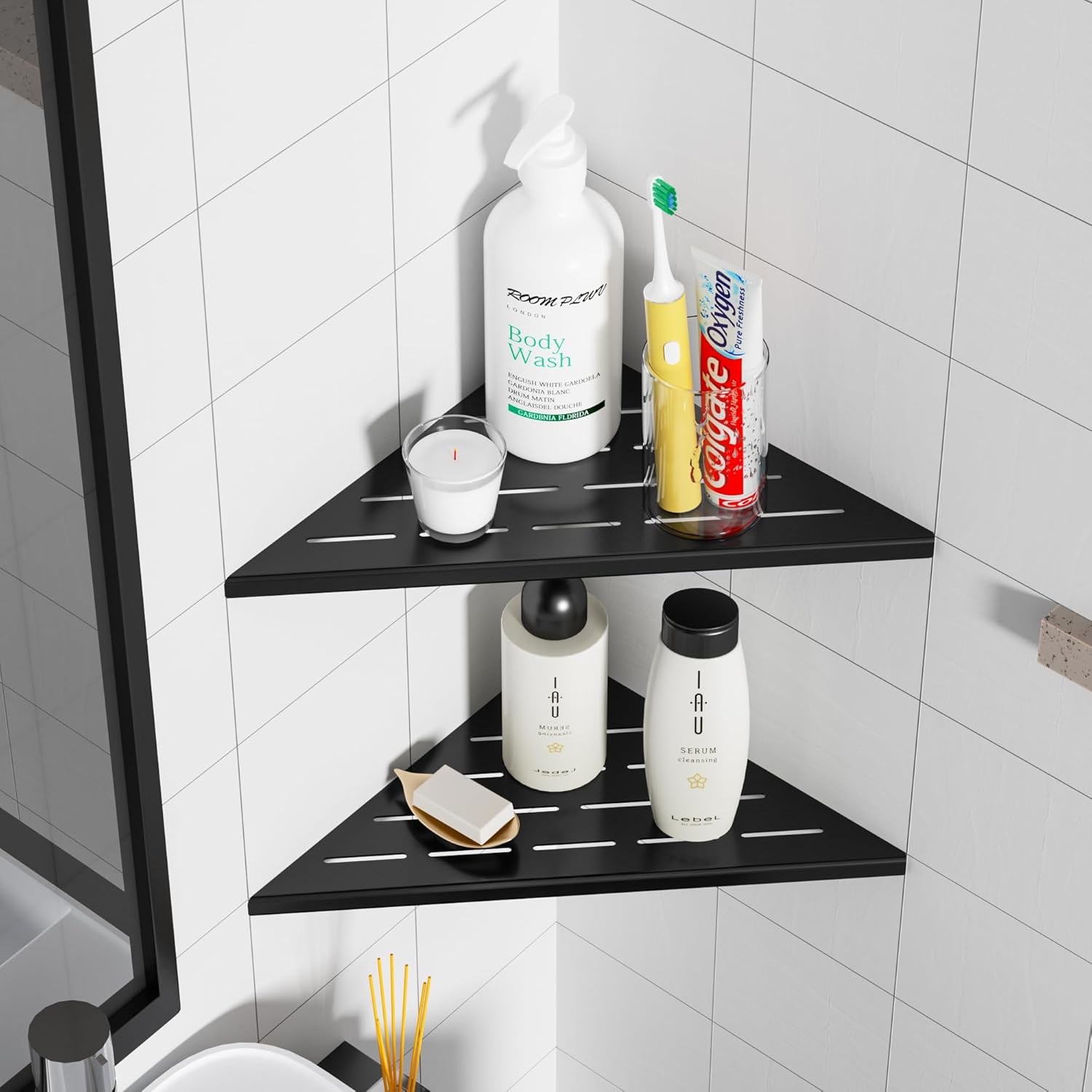 Neodrain Juego de 2 estantes esquineros de pared de color negro mate de 10 pulgadas, estantes de esquina flotantes para pared, estantes de