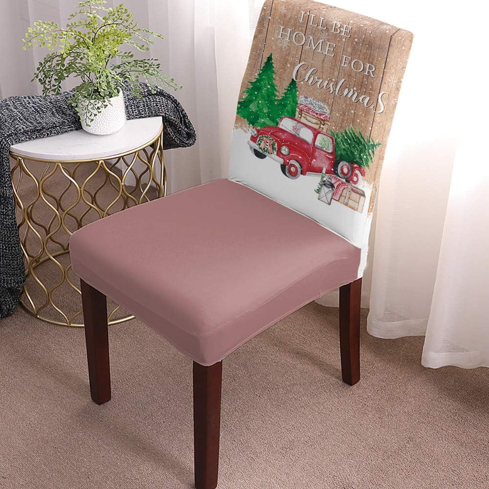 Chair Slipcovers, I’ll Be Home for Christmas Xmas Tree Truck Snow Old Wooden Plank Chair Covers Stretch Chair Cover Sets Chair Protectors for Dining