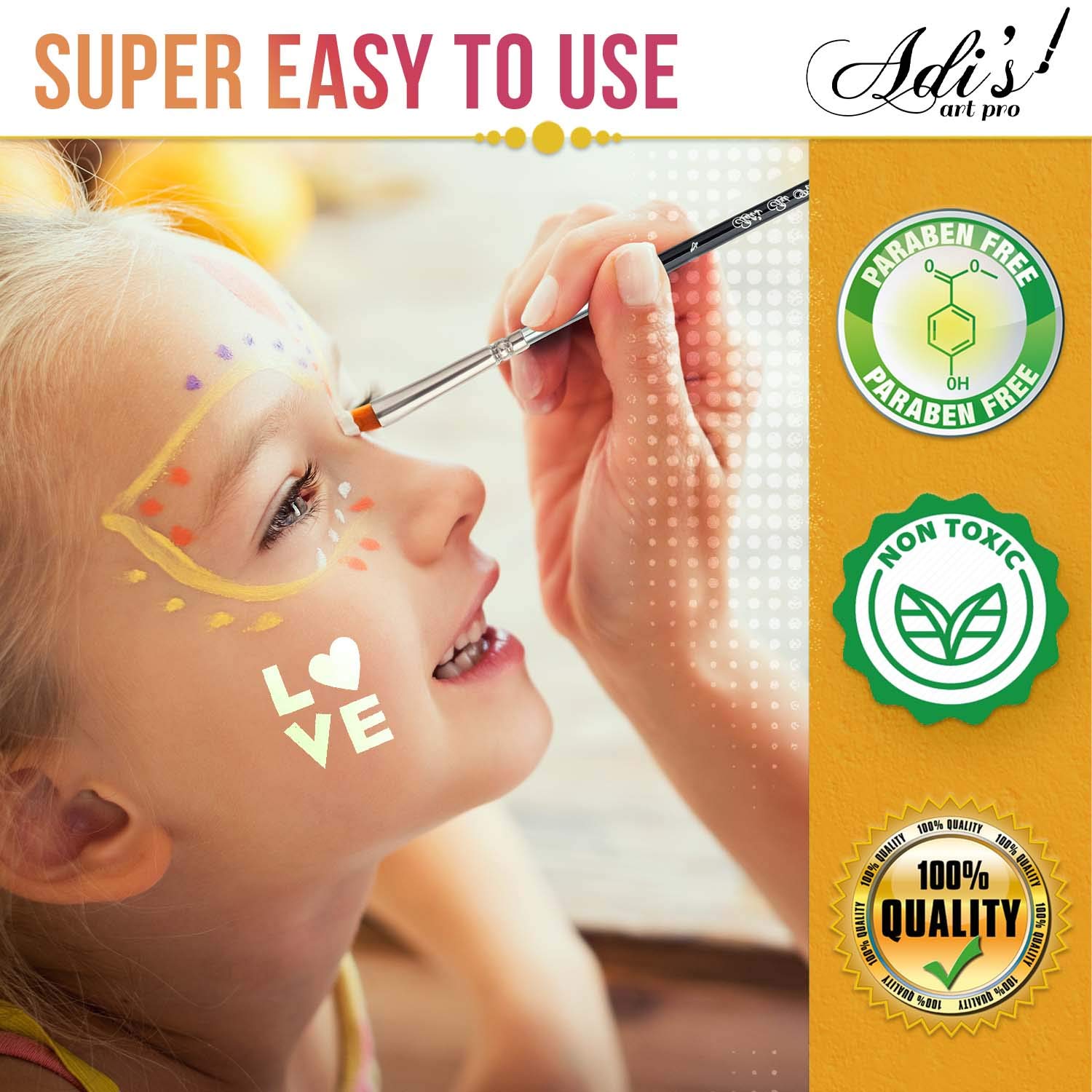 Kit de pintura facial para niños – 58 piezas Set con base de agua – Secado rápido – Pinturas para pieles sensibles no tóxicas – Brillos –