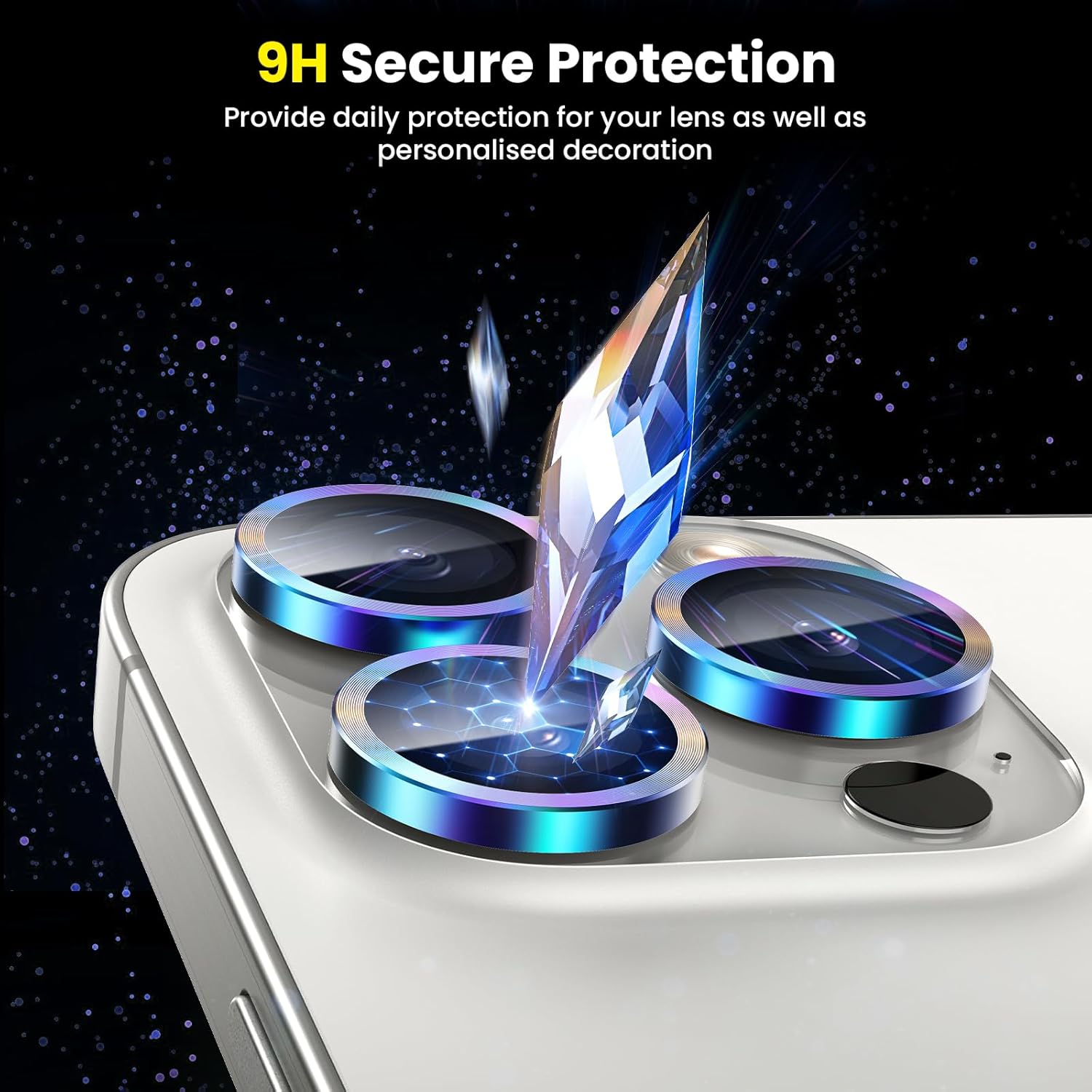 Tensea Protector de lente de cámara para iPhone 15 ProiPhone 15 Pro Max, protector de pantalla de vidrio templado 9H, anillo individual de metal