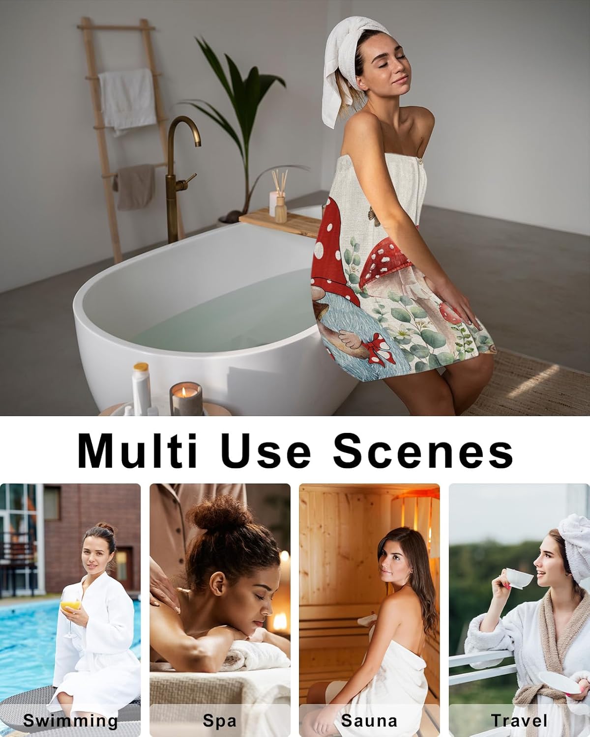 Bata de ducha para mujer, toalla para el cuerpo, toalla de spa, gnomos de hongos rojos, suave y absorbente, con cierre a presión ajustable, diseño
