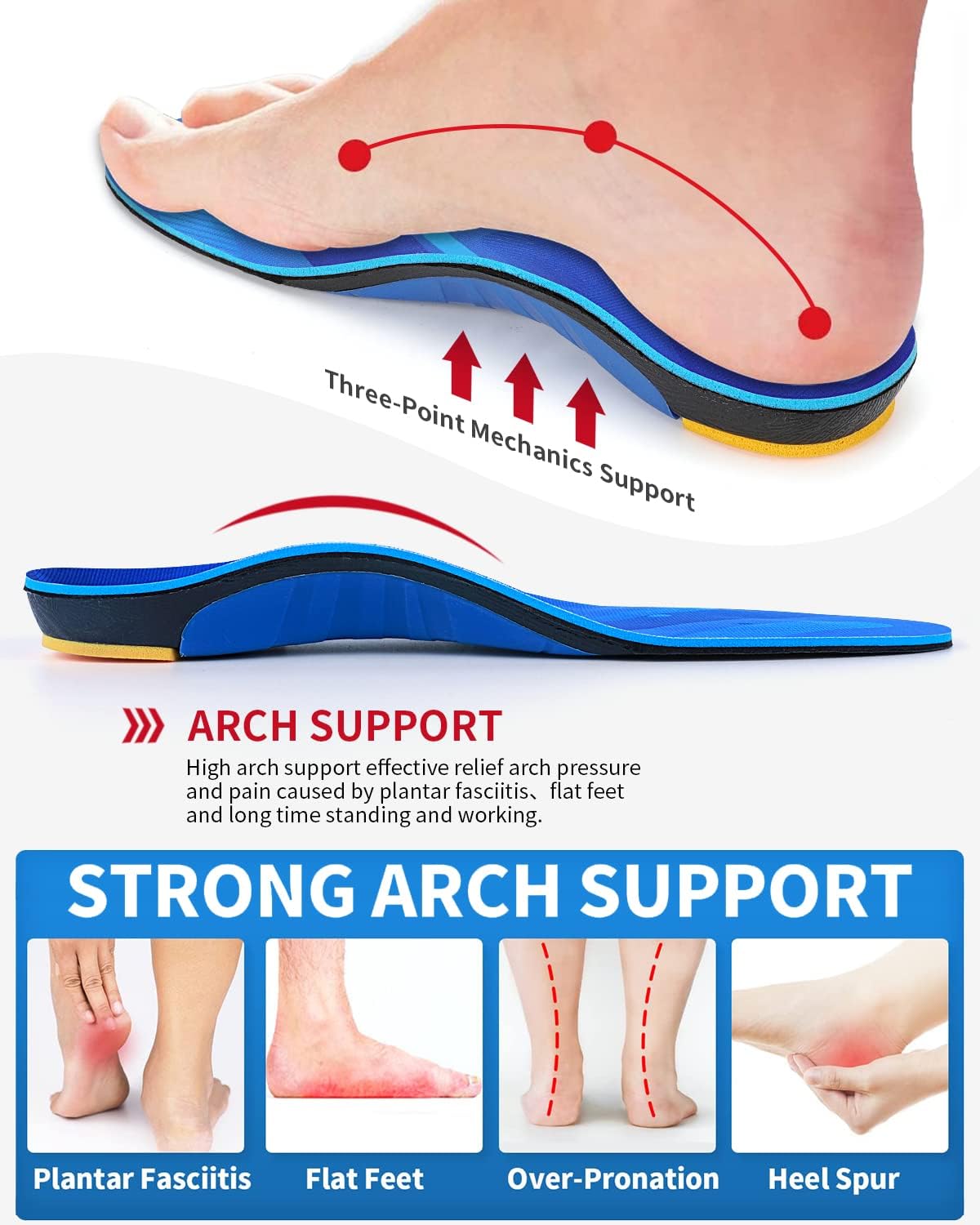 (220 + libras) Soporte ortopédico resistente para aliviar el dolor, fascitis plantar, plantillas de soporte de arco alto para hombres y mujeres,