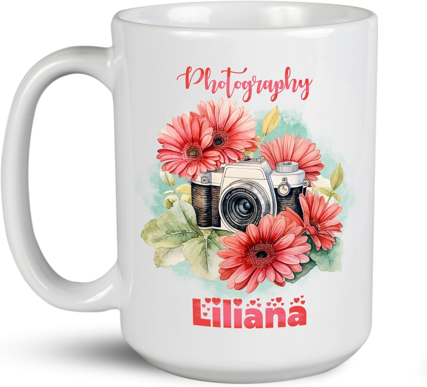 Taza de café personalizada para fotógrafo, cámara con flores de gerbera, taza de té personalizada con nombre, regalo para amantes de la fotografía,