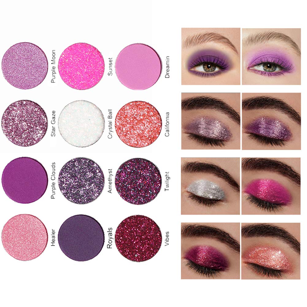 BINGBRUSH Paleta de maquillaje de sombra de ojos barata de 12 colores con brillantina, púrpura y rosa, brillante, brillante, brillante, metálico,
