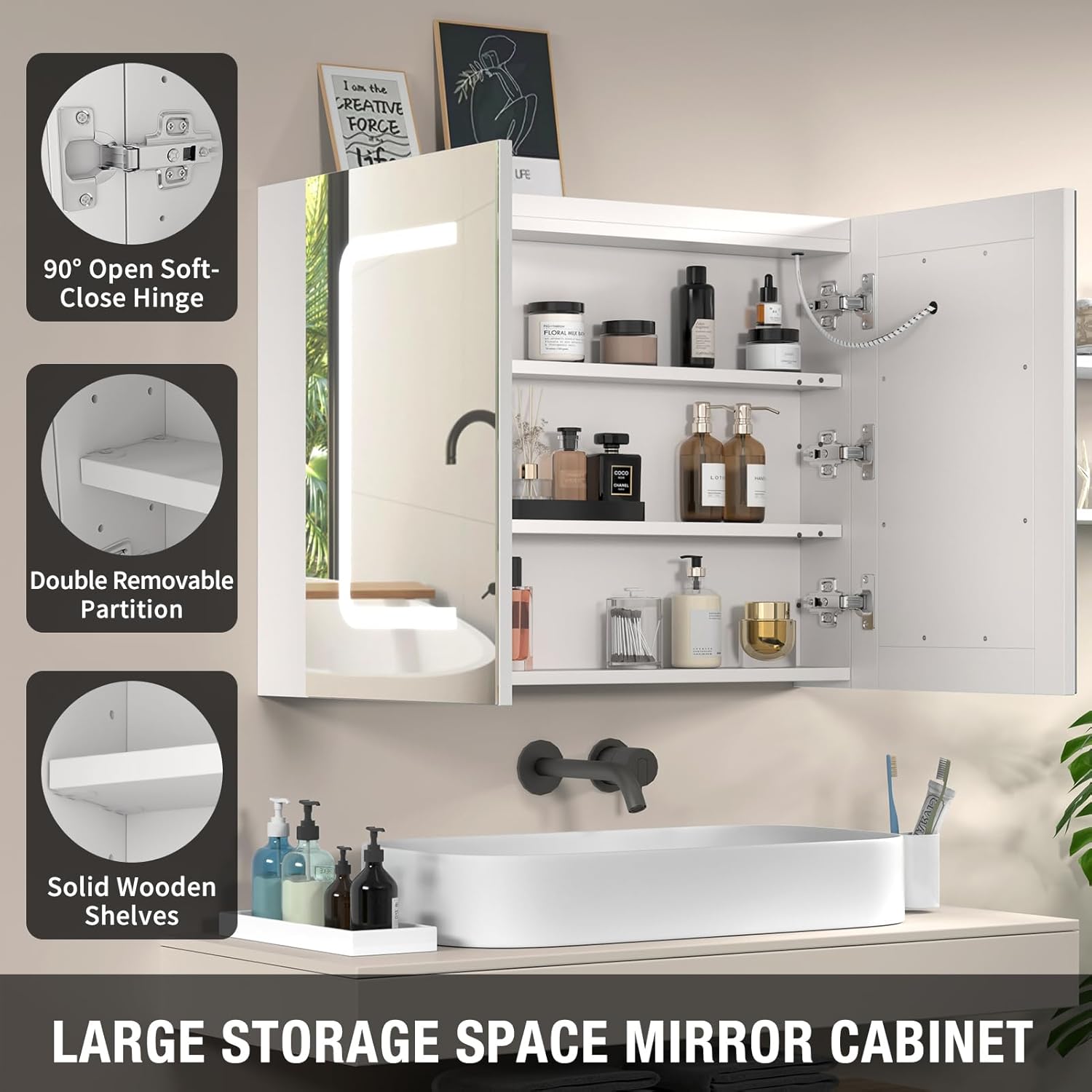 Espejo de baño con almacenamiento, botiquín de baño con espejo de montaje en pared, espejo LED, botiquín de medicina, 3 colores, atenuador infinito,
