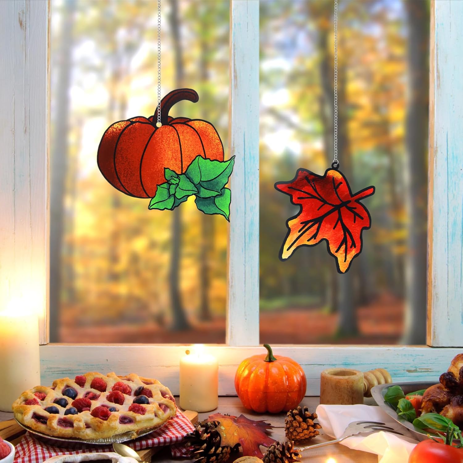 Retisee 2 paquetes de atrapasoles de hojas de arce, decoración de otoño de calabaza, atrapasoles de Acción de Gracias, colgantes de ventana para