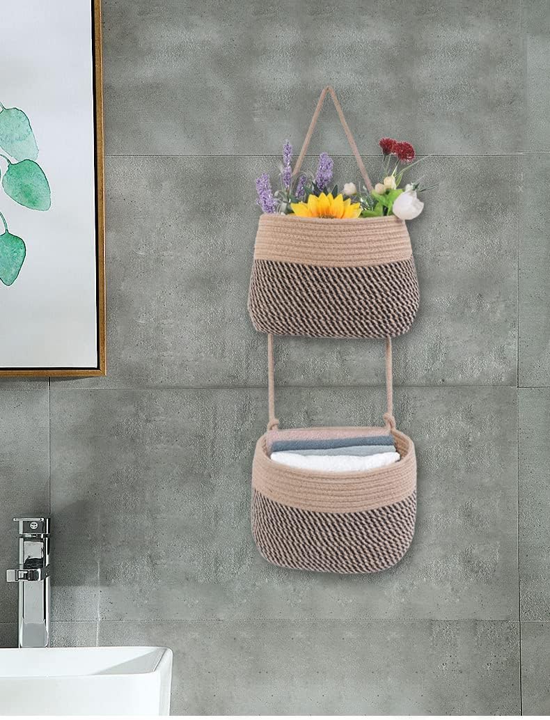 Cesta colgante para colgar sobre la puerta, cesta de pared tejida de cuerda de algodón de 2 niveles, organizador colgante para revistas, cestas de