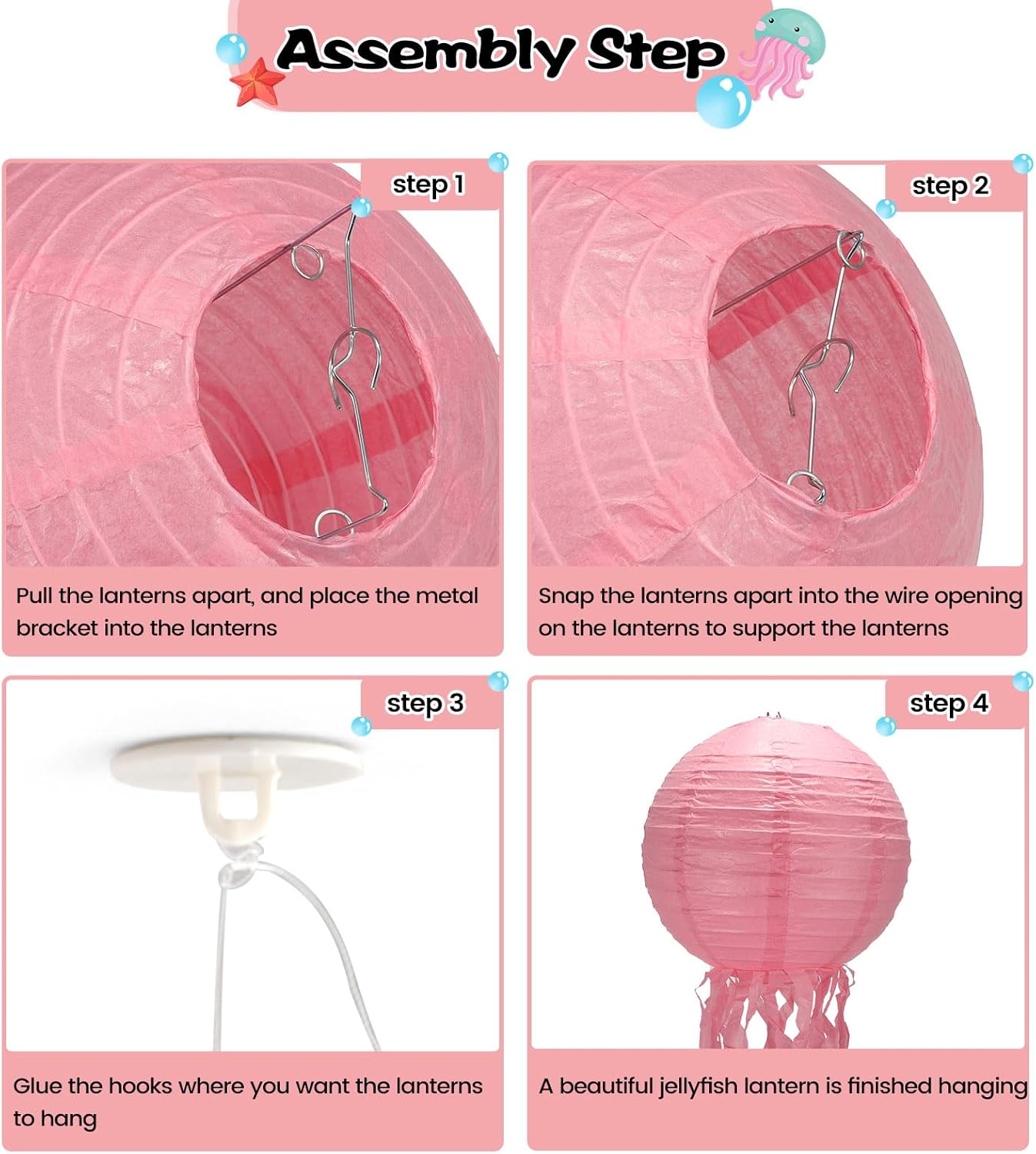 Decoraciones de cumpleaños de sirena, decoración de medusas, paquete de 6, faroles de medusas rosas con cuerda y gancho, medusas colgantes para