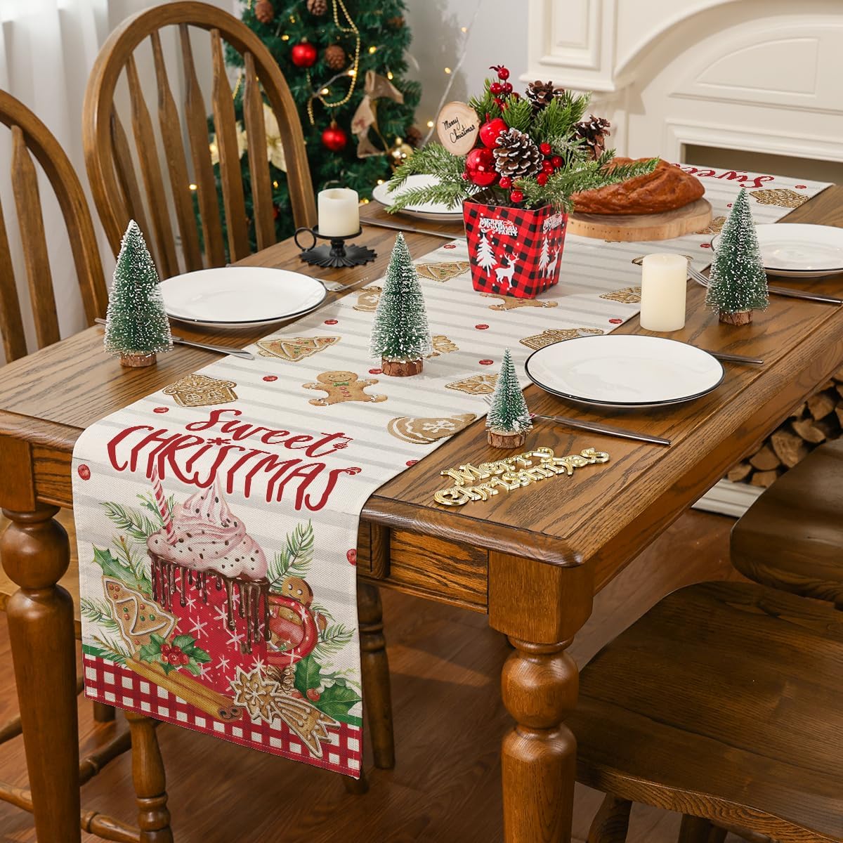 Siilues Camino de mesa de Navidad, decoración navideña de pan de jengibre, helado, dulce camino de Navidad para mesa, decoración de vacaciones de