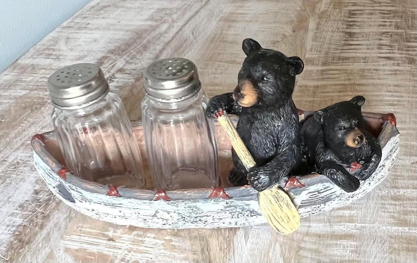 Black Bear & Cub – Juego de sal y pimienta para canoa, decoración rústica para cabaña