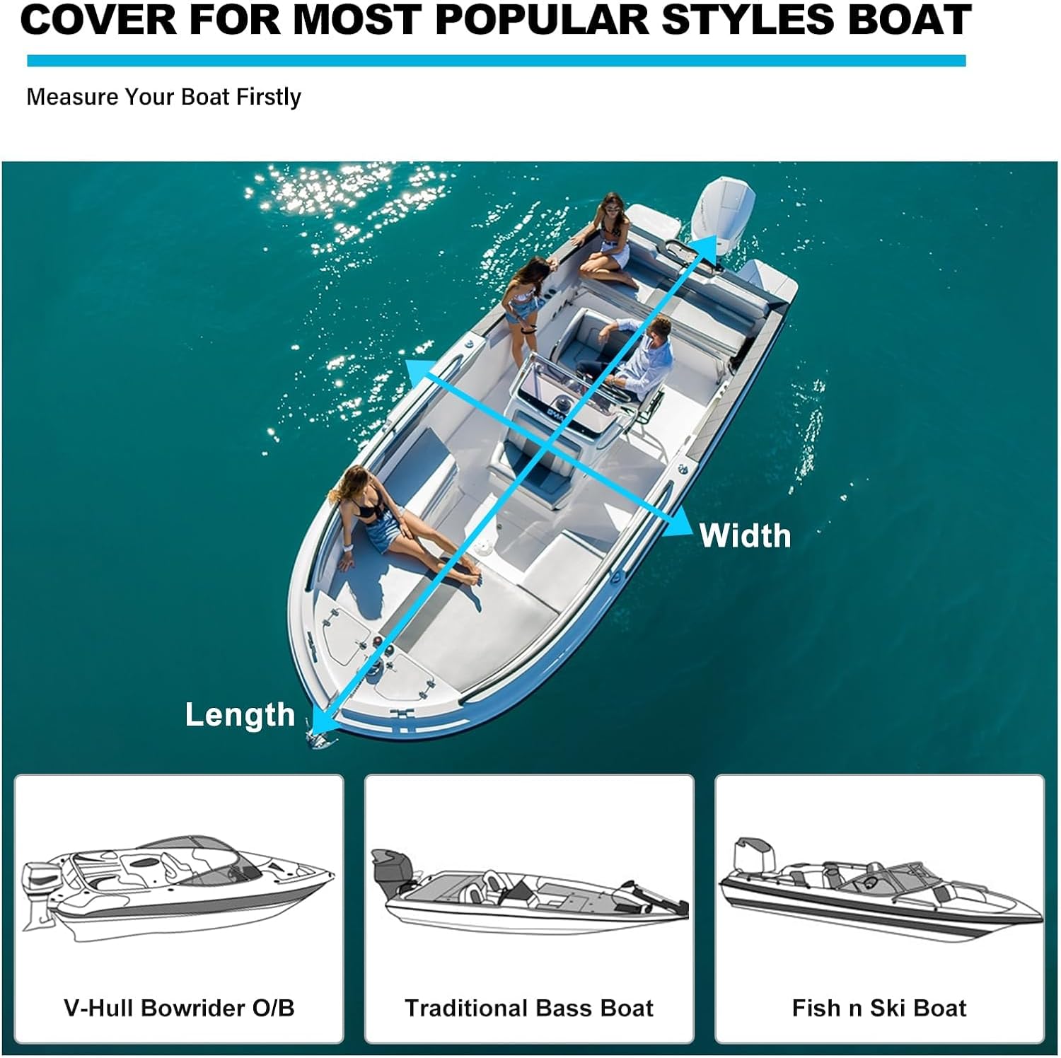 Boatpro Funda para lancha remolcable de 17 a 19 pies con cubierta de motor fuera de borda, lona marina 900D, impermeable, resistente para lanchas de