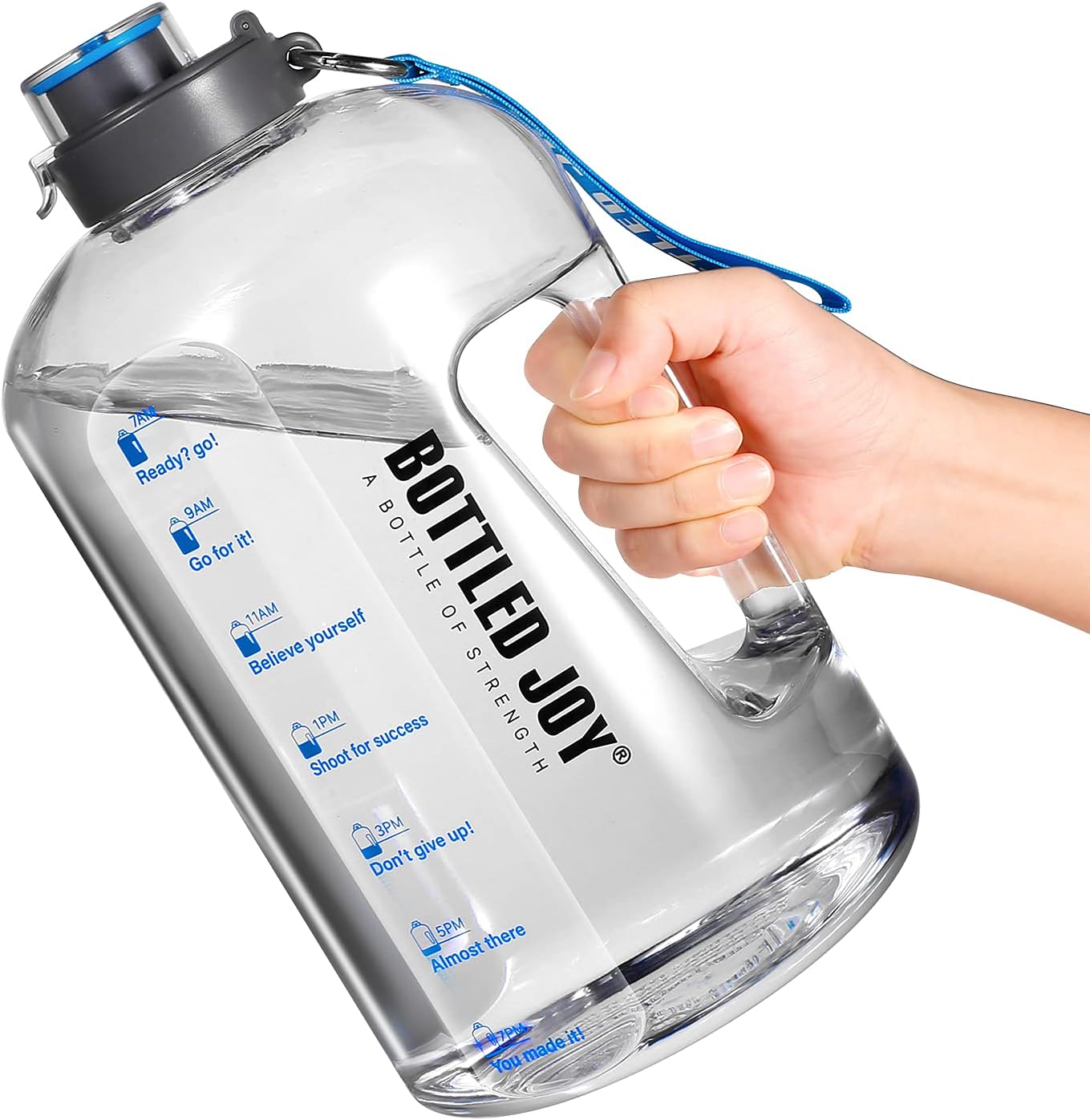 Botella de agua con marcas de tiempo, botella de agua deportiva de 1 galón con asa a prueba de fugas, reutilizable y sin BPA, tapa abatible con
