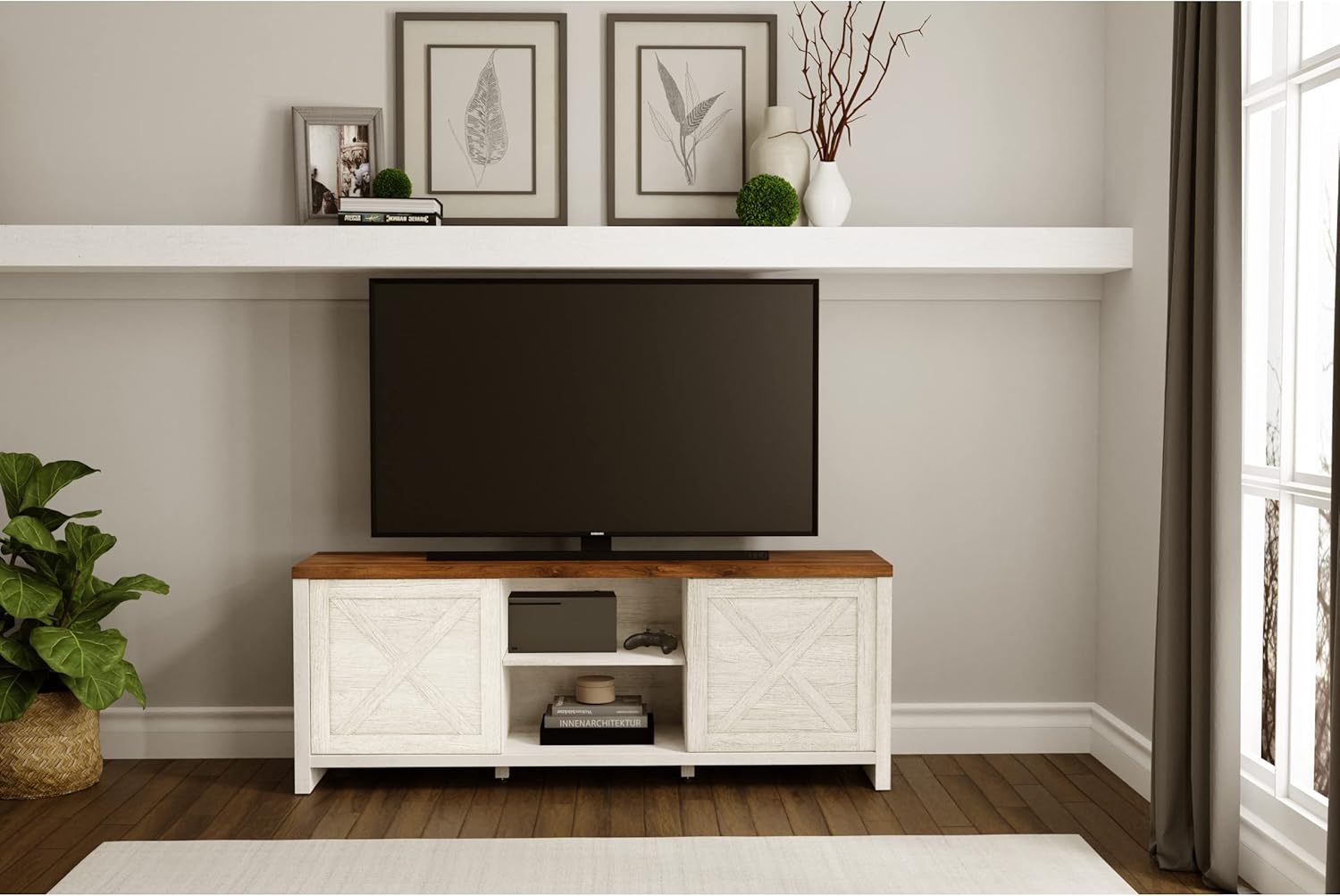 Hillsdale Columbus – Consola de entretenimiento de madera, 64 pulgadas, roble blanco con parte superior de nogal