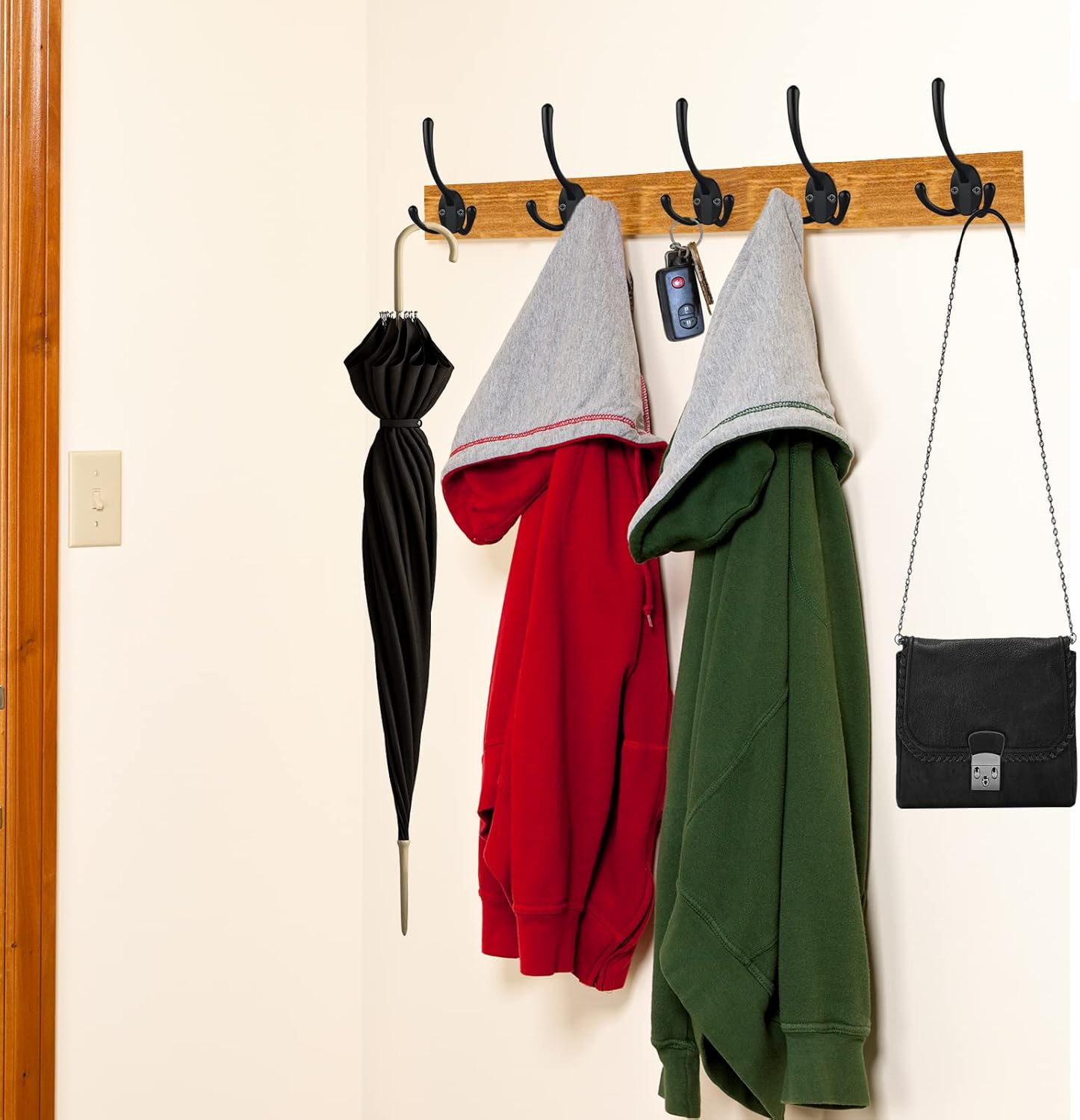 Paquete de 7 ganchos grandes y resistentes para abrigos triples montados en la pared con 14 tornillos, ganchos rústicos retro de doble utilidad para