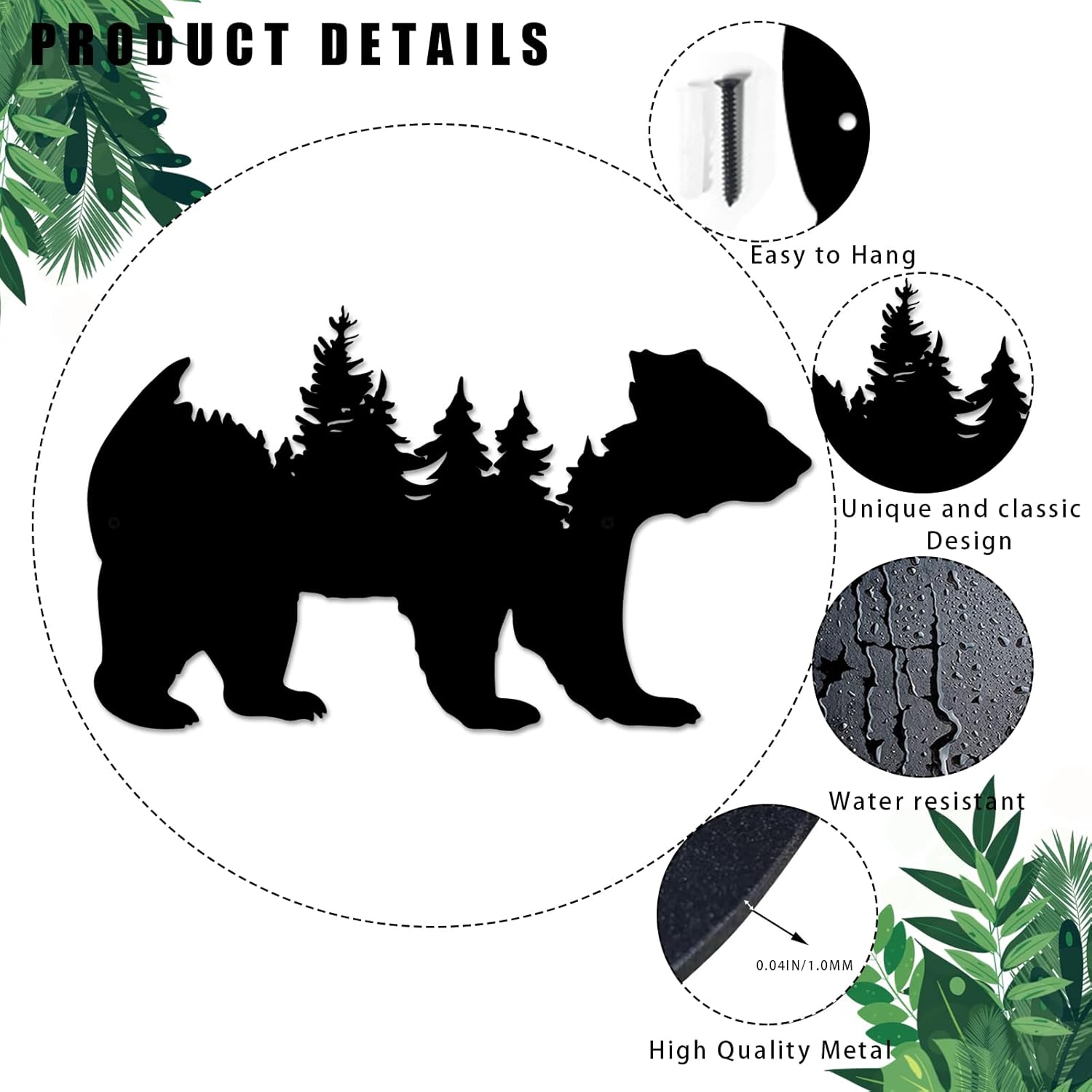 Arte de pared de metal, bosque moderno, pino, oso, decoración rústica, decoración de desierto, adornos de montaña para sala de estar, dormitorio,