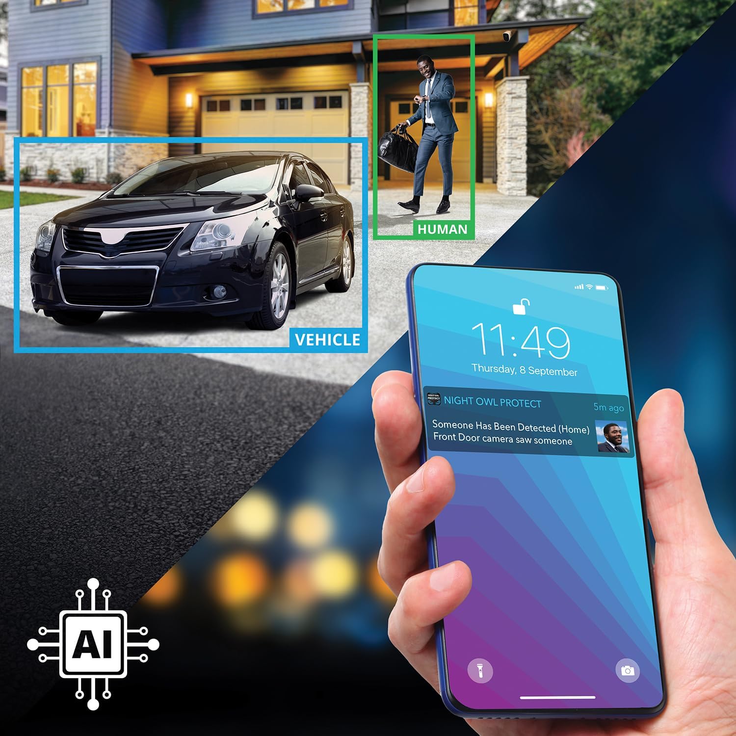 Night Owl Cámara de disuasión para interiores y exteriores Wi-Fi 4K HD con alimentación de CA enchufable con audio de 2 vías (1 cámara)