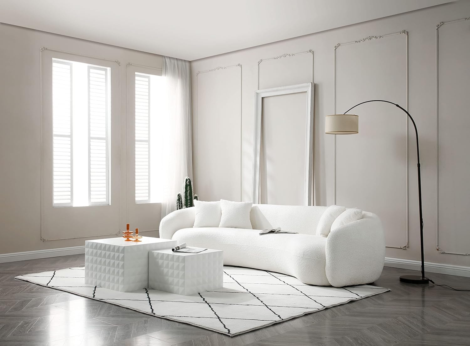 JUSTONE Sofá de sala de estar curvado moderno de mediados de siglo de 101 pulgadas, sofá de tela Boucle de 4 asientos para dormitorio, oficina,