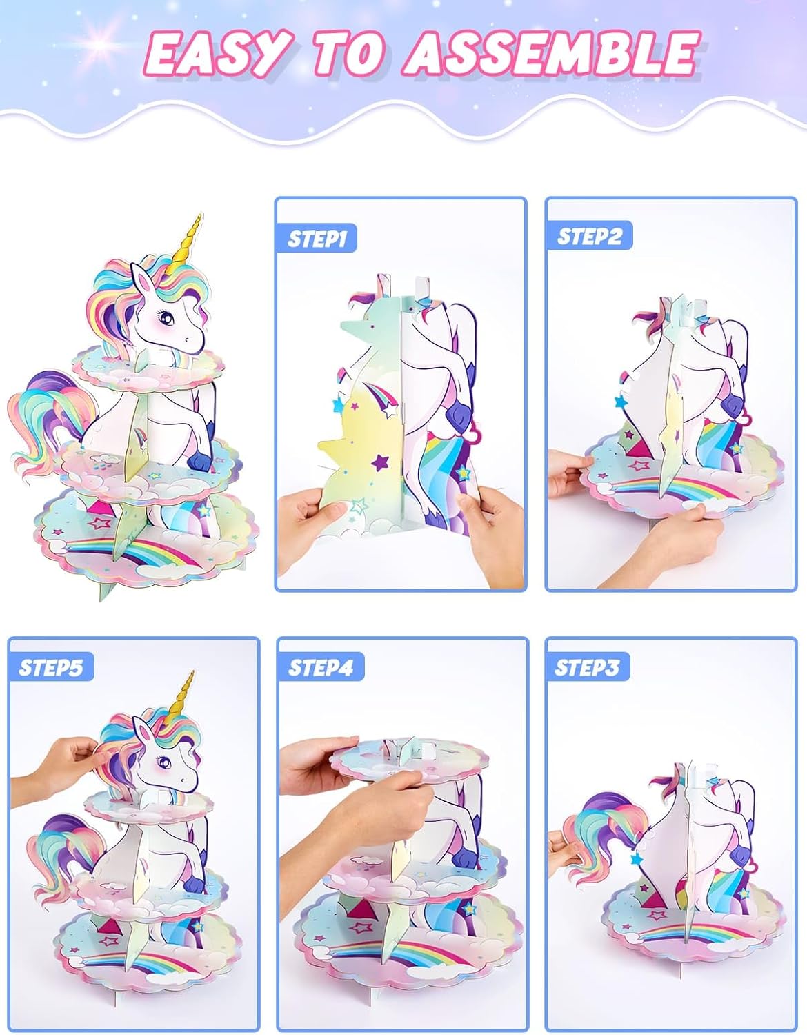 WERNNSAI Soporte para cupcakes de unicornio  2 soportes de unicornio para tartas de unicornio arco iris, decoración de cupcakes, bandeja desechable