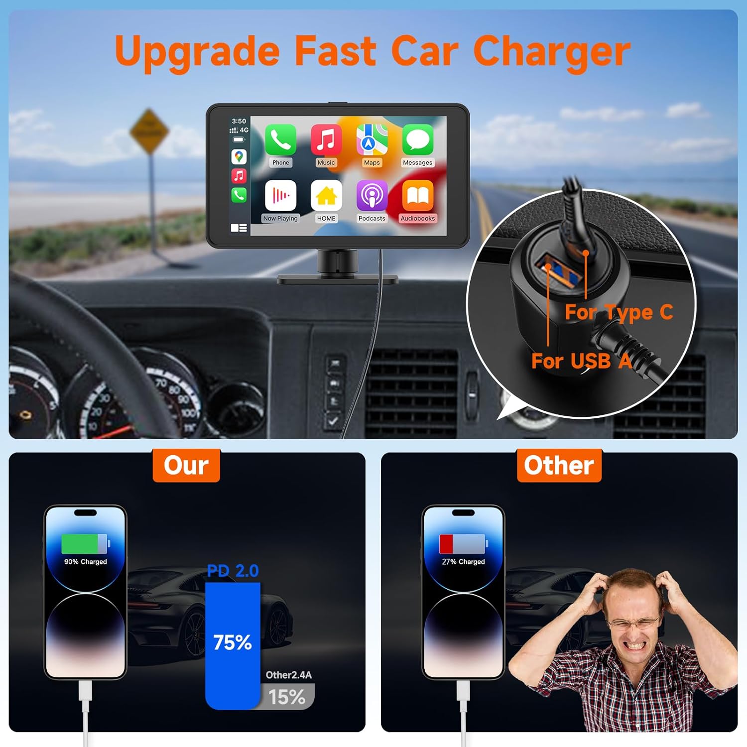 Spedal Receptor inalámbrico CarPlay y Android Auto CL518, cámara de tablero Ultra HD de 2.5K, audio Bluetooth, comando de voz, carga rápida