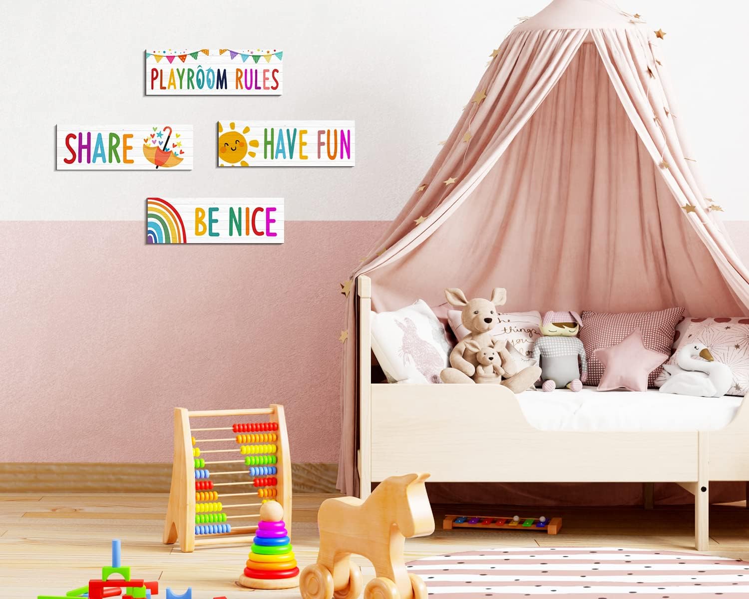 4 letreros para sala de juegos para niños, decoración de pared para sala de juegos, reglas de juegos, citas, letrero con texto en inglés “Be Nice