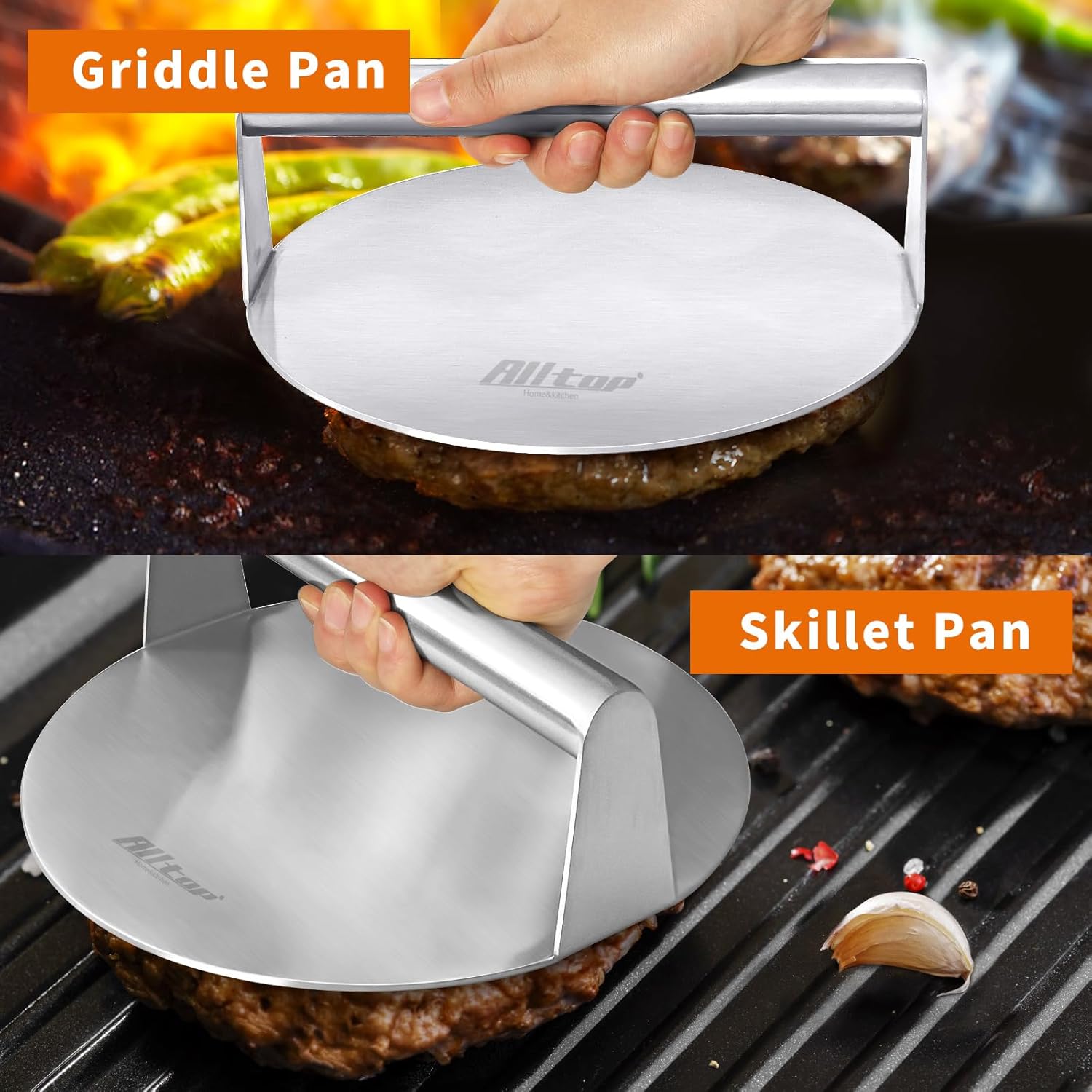 ALLTOP Smash – Prensa de hamburguesas antiadherente de acero inoxidable para plancha plana, parrilla, barbacoa, cocina, herramienta redonda grande