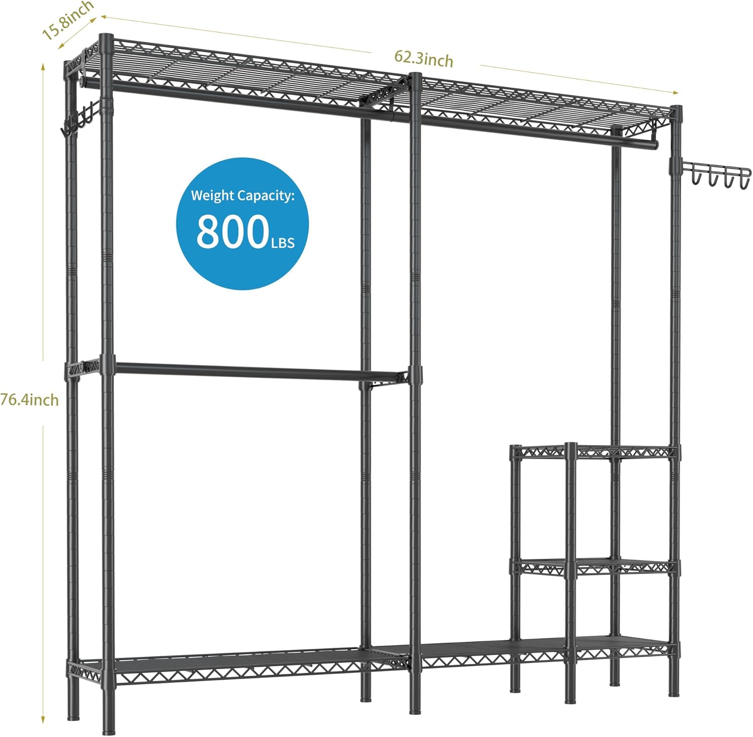 Perchero resistente para colgar ropa, perchero de metal grande con estantes de alambre ajustables de 4 niveles, 3 barras de suspensión y 2 ganchos,
