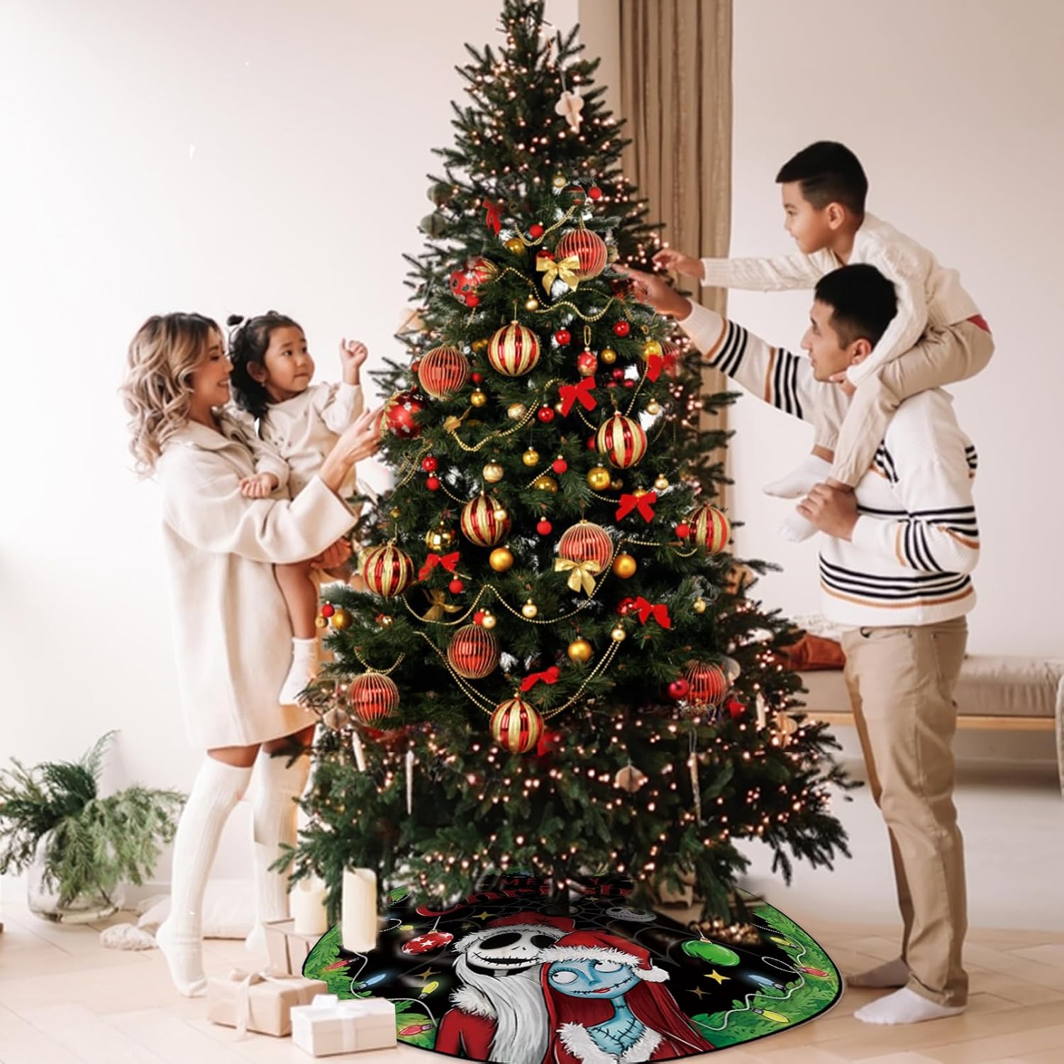 Fzbali Feliz Noche de Navidad. Mare Be Fore. Falda de árbol de Navidad de 60 pulgadas con cordones Jack Skellington y Sally Falda de árbol