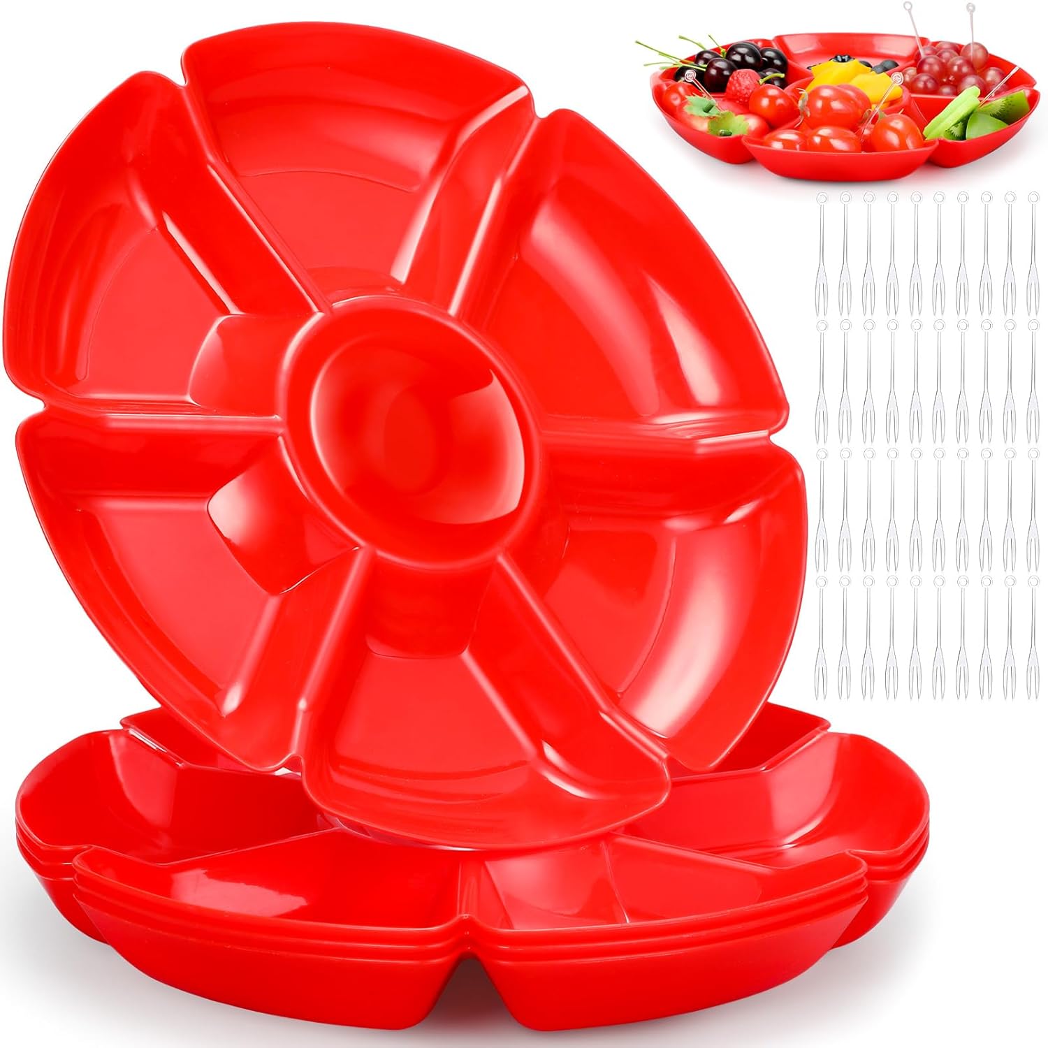 4 bandejas redondas divididas para servir con tenedor desechable, platos llanos de 7 secciones de 10.6 pulgadas, placa divisora en forma de pétalos