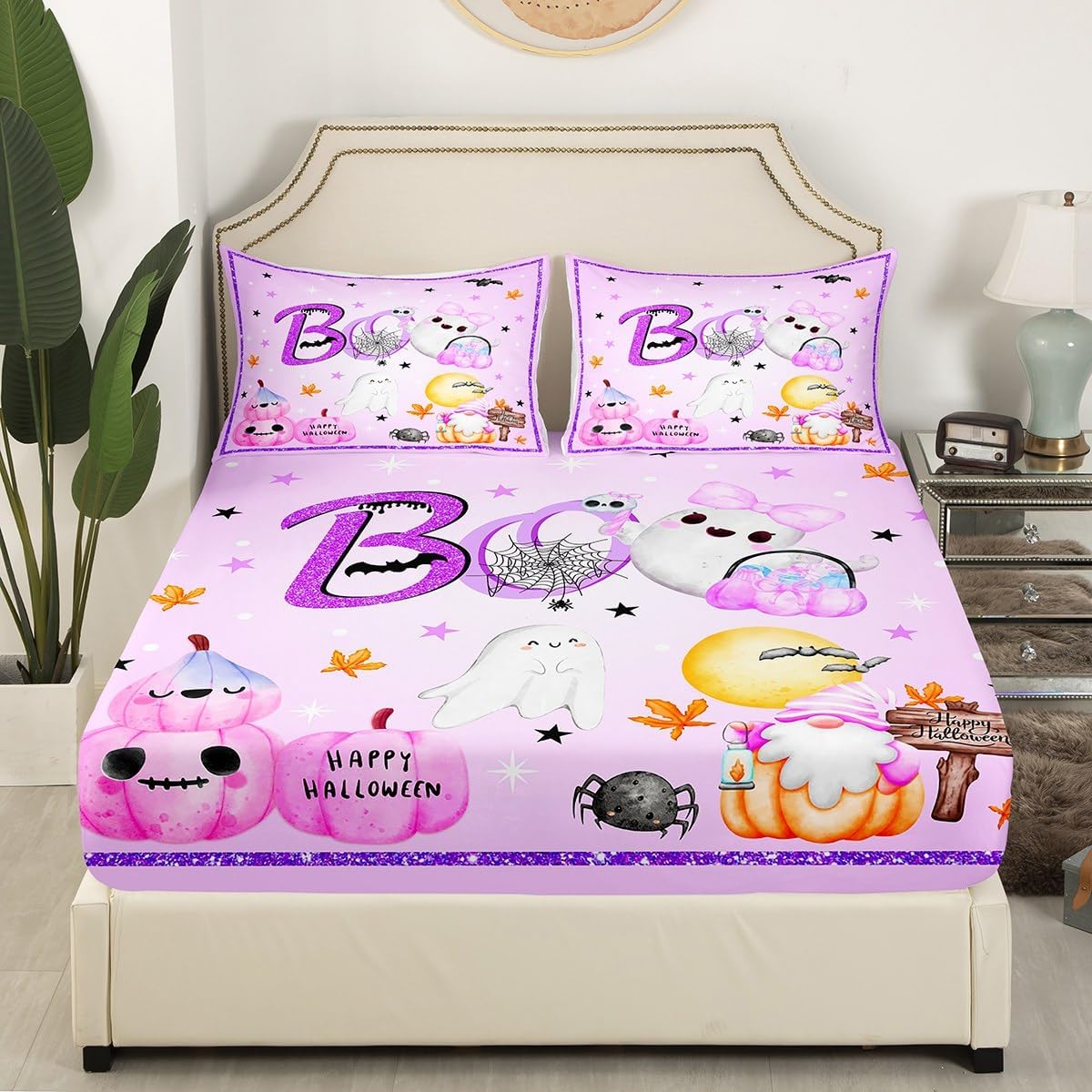 Juego de sábanas Kawaii de fantasma, tamaño King, juego de ropa de cama de Halloween morado de 4 piezas para decoración de habitación de niños y