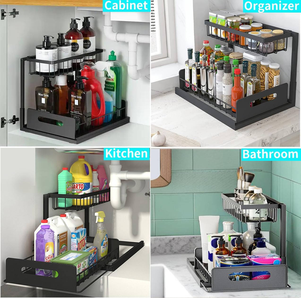 Goroovr Organizadores para debajo del fregadero, organizador de armario de cocina extraíble de 2 niveles deslizantes de metal debajo de la cocina,