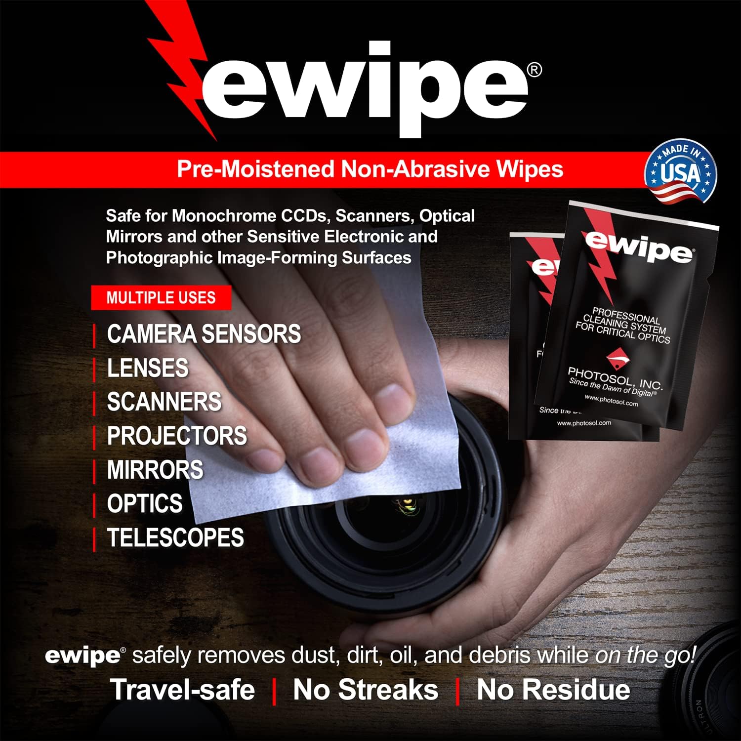 E-Wipe – Almohadillas de limpieza de lente de cámara – Toallitas no abrasivas con solución de limpieza profesional diseñada para electrónica óptica,