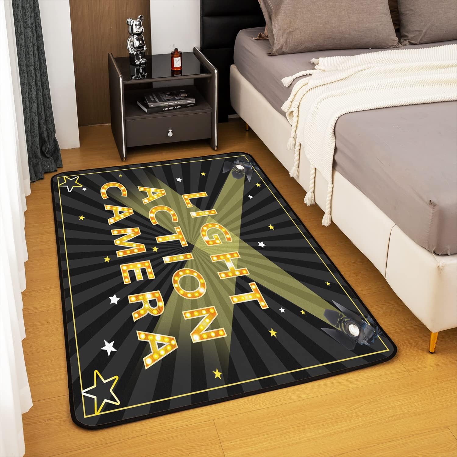 Alfombra vintage de cine, para sala de cine, para interiores, sala de estar, alfombra de área negra dorada, 5 x 7 pies