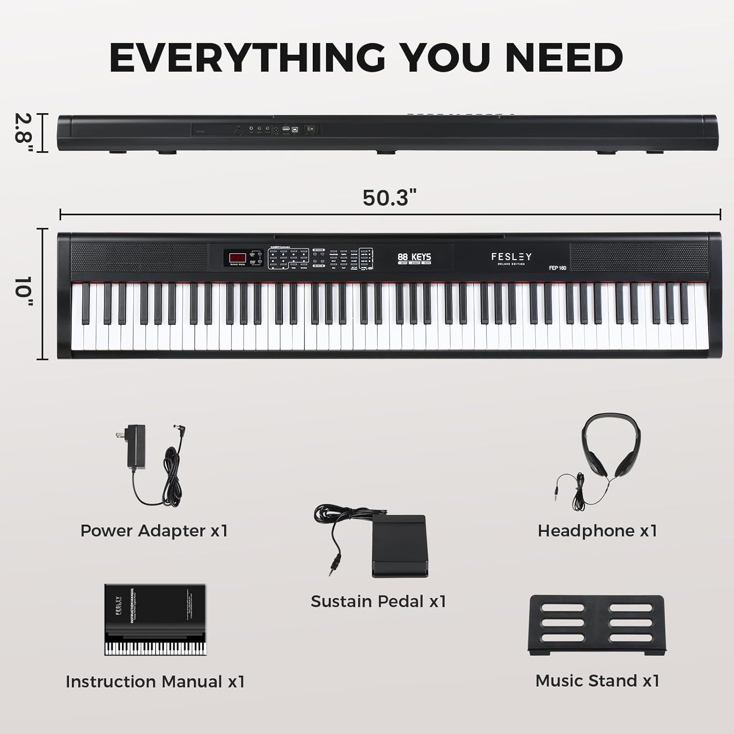 Fesley Teclado de piano de 88 teclas, teclado digital de tamaño completo, piano eléctrico portátil, teclado de 88 teclas con soporte de música,