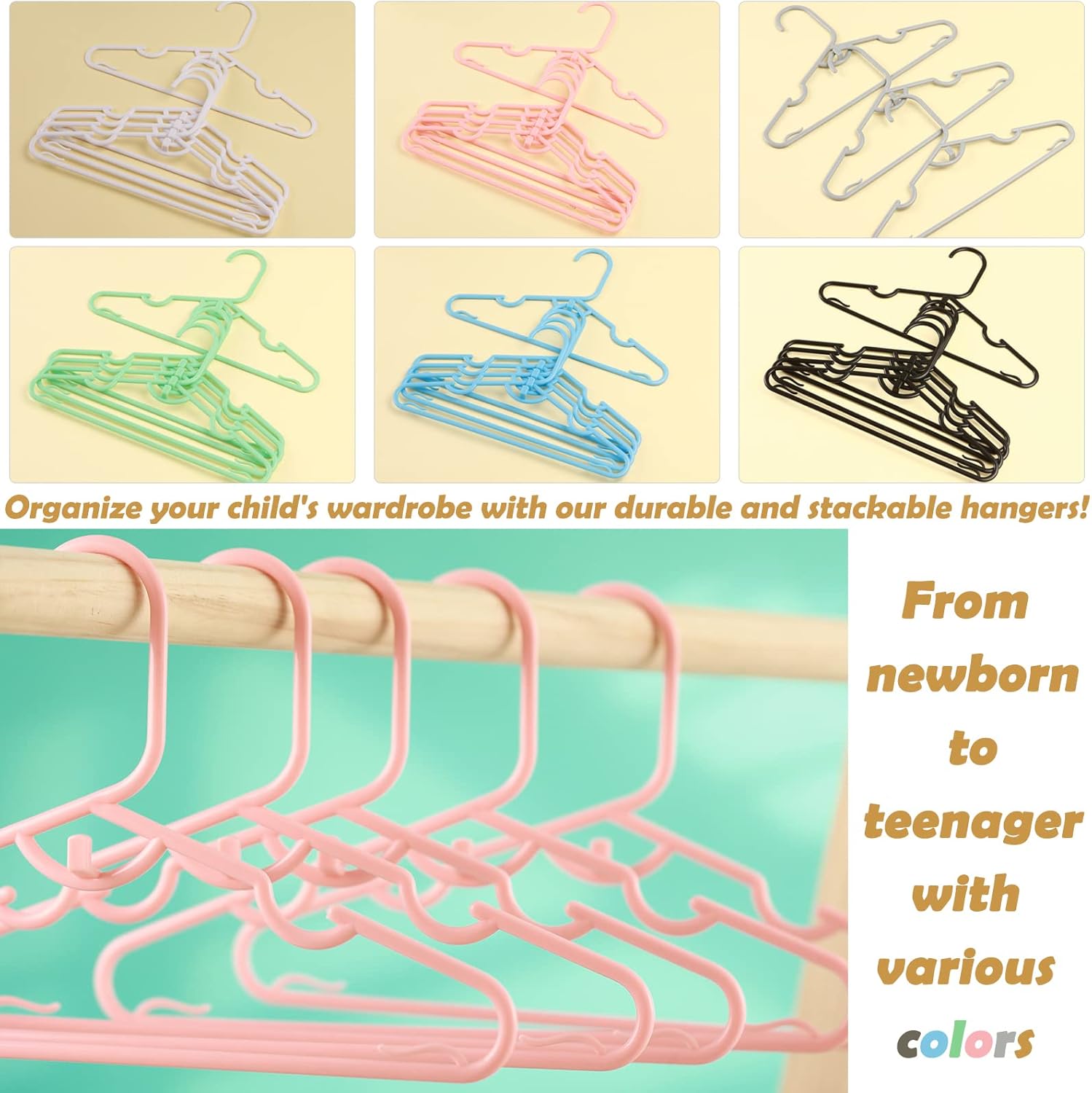 Paquete de 80 perchas de plástico para bebé, perchas para ropa infantil con clips para guardería, perchas que ahorran espacio para organizador de