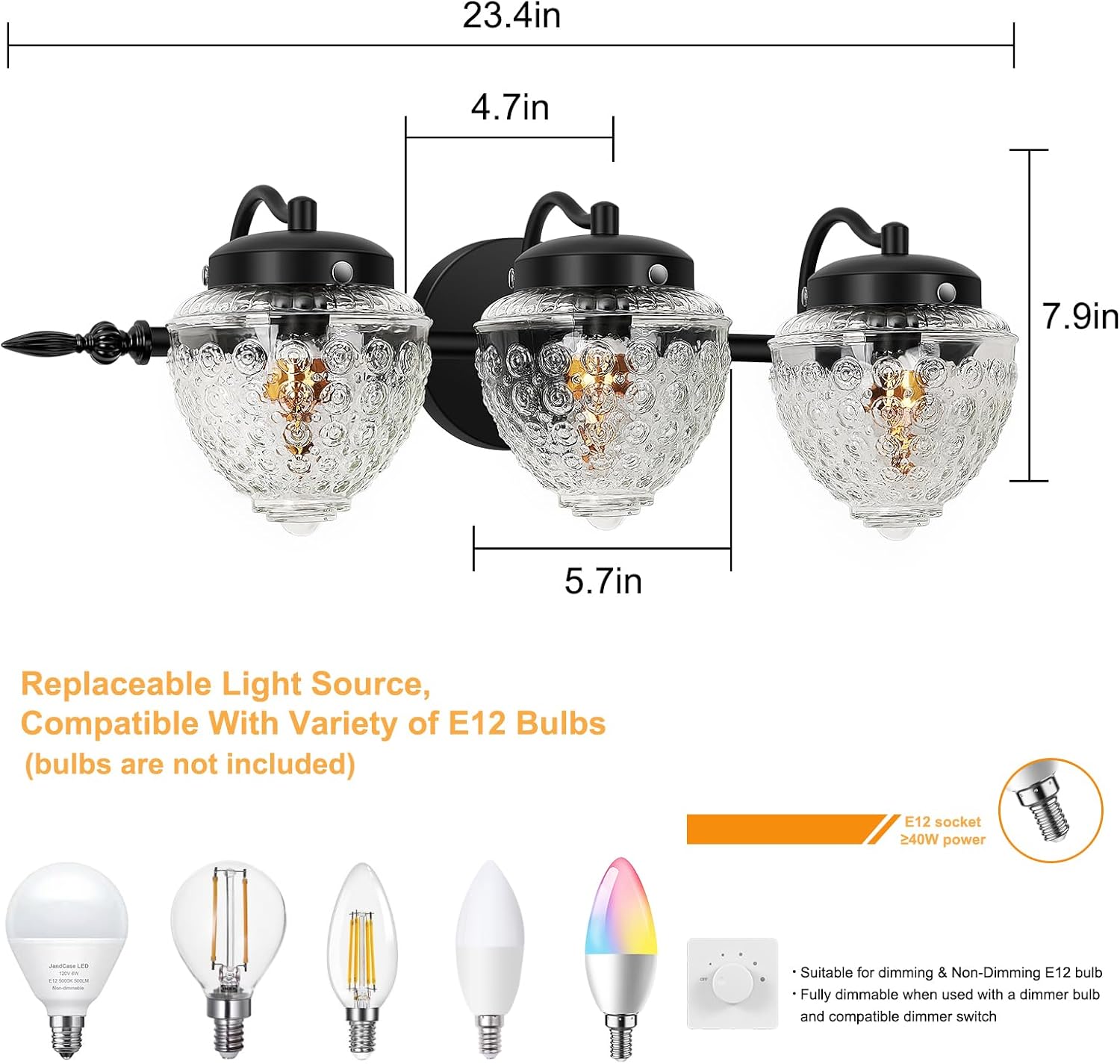 FRIDEKO HOME Lámpara de tocador de baño de 3 luces, pantalla de cristal grueso retro, superficie pintada de negro, luz de pared de baño sobre
