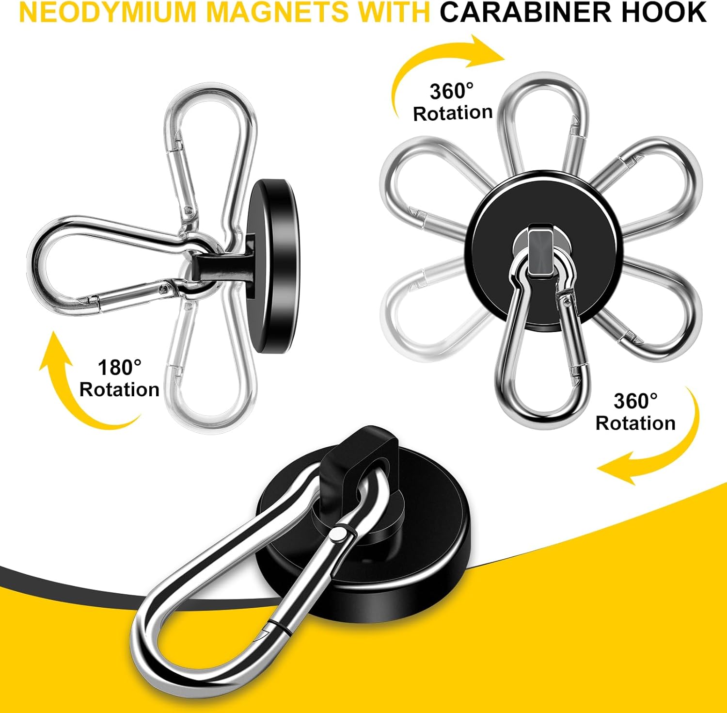 DIYMAG Ganchos magnéticos negros, ganchos magnéticos de neodimio resistentes de 110 libras con gancho de mosquetón giratorio, ideal para tu
