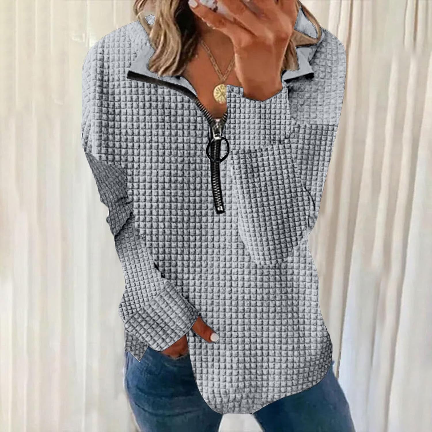 Sudadera casual de punto gofre para mujer, con solapa y cremallera de un cuarto, manga larga, abertura lateral, holgada, talla grande, para