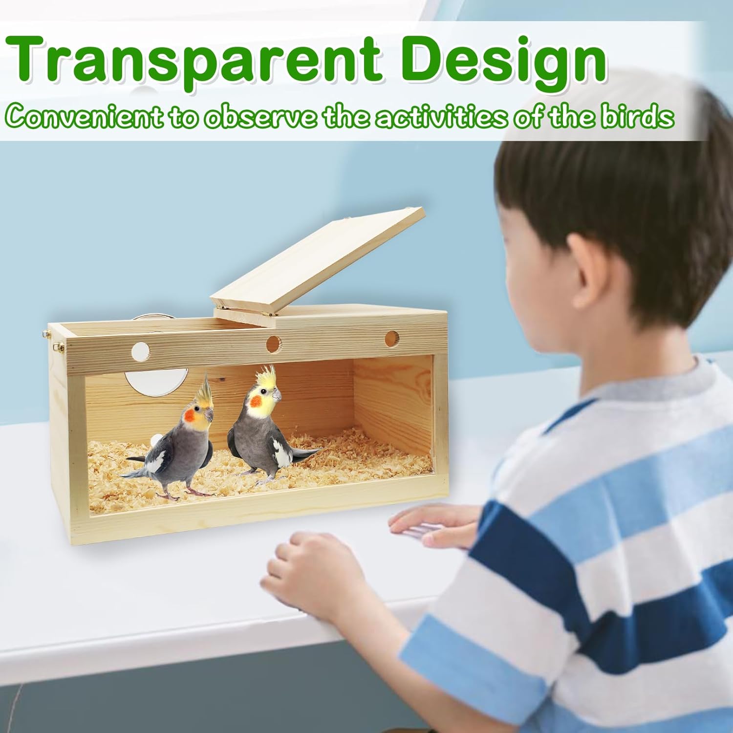 Hamiledyi Caja nido de periquitos transparente para pájaros, jaula de madera, caja de cría para agapornis, cacatúa, budgie, conure, pinzón, loro,
