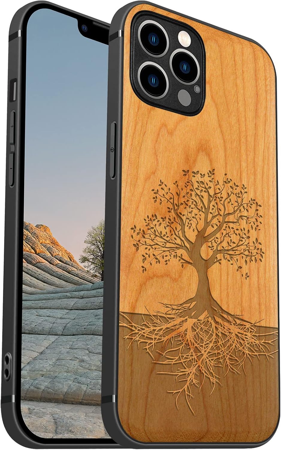 Carveit Funda magnética de madera para iPhone 12 Pro madera real dura y TPU suave negro a prueba de golpes, funda de madera única y elegante