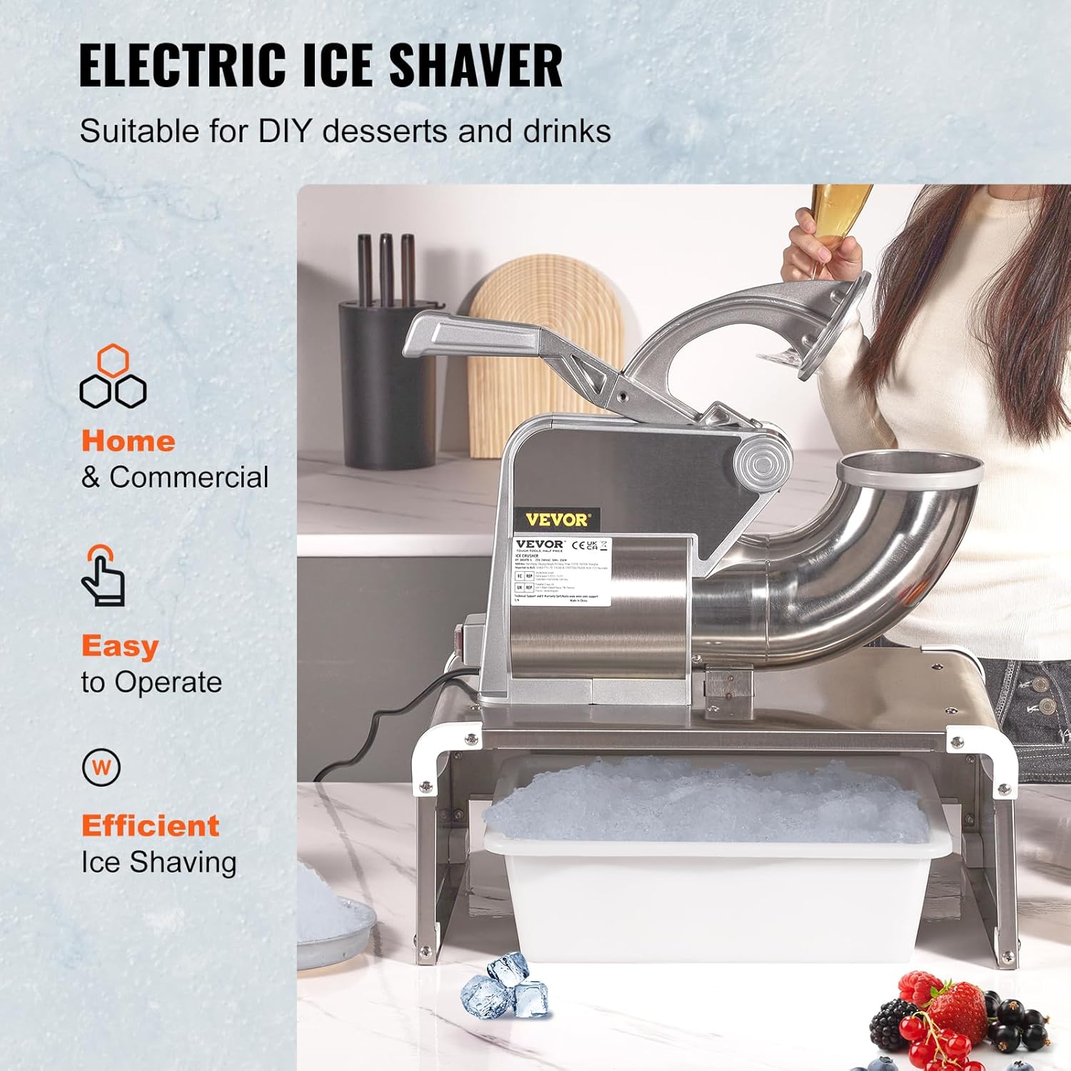 VEVOR Máquina trituradora de hielo, máquina eléctrica de cono de nieve de 661 libras por hora con 4 cuchillas, máquina de hielo afeitado de acero