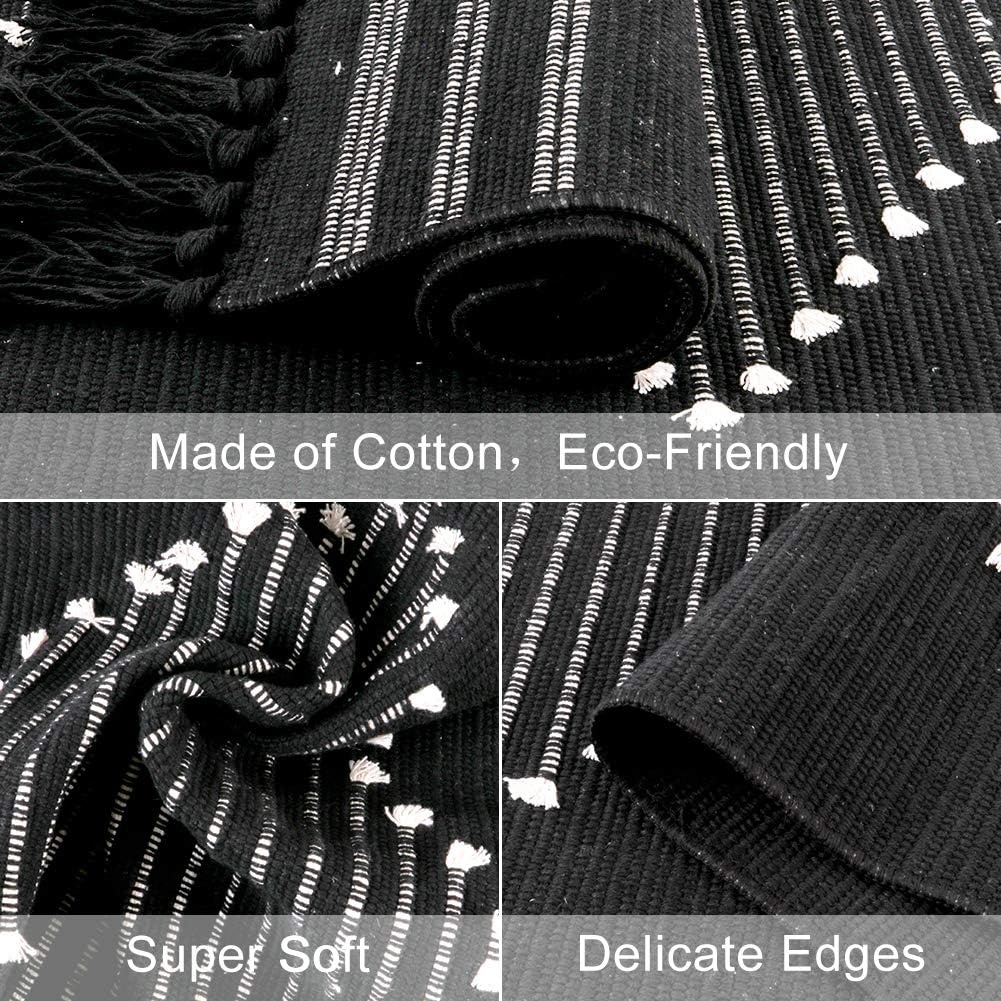 Alfombra de baño bohemia de algodón pequeña, 2 x 3 pies, color negro, geométrica, con borlas, tejida con diamante, suave, lavable a máquina, para