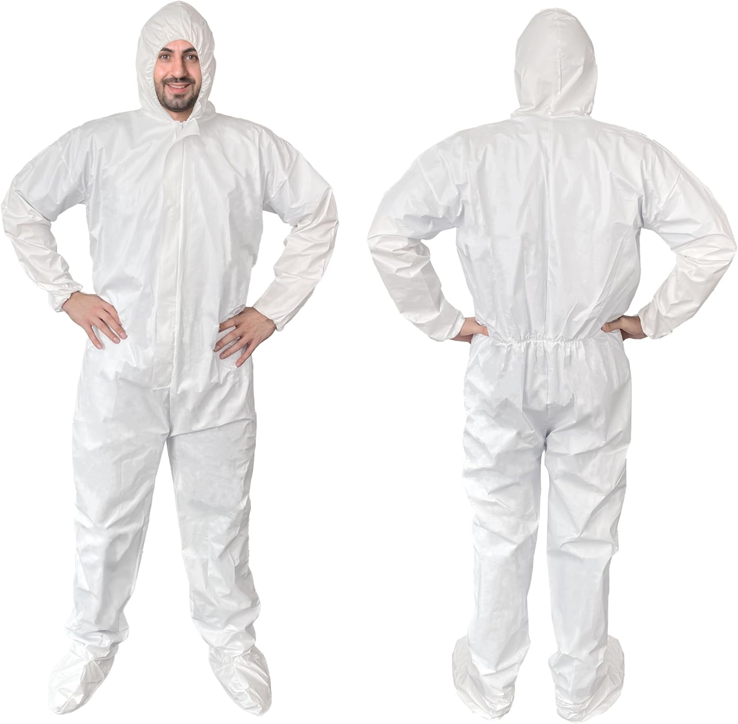 EZGOODZ Trajes blancos para materiales peligrosos, extra grande. Paquete de 5 overoles desechables MPP impermeables con capucha, botas, muñecas