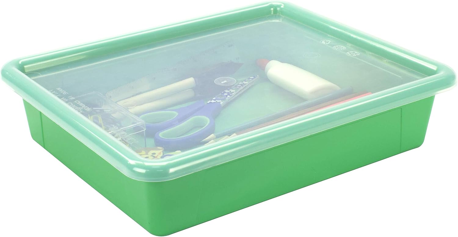Storex Bandeja de almacenamiento plana tamaño carta, contenedor organizador con tapa sin broches para aula, oficina y hogar, verde, paquete de 5
