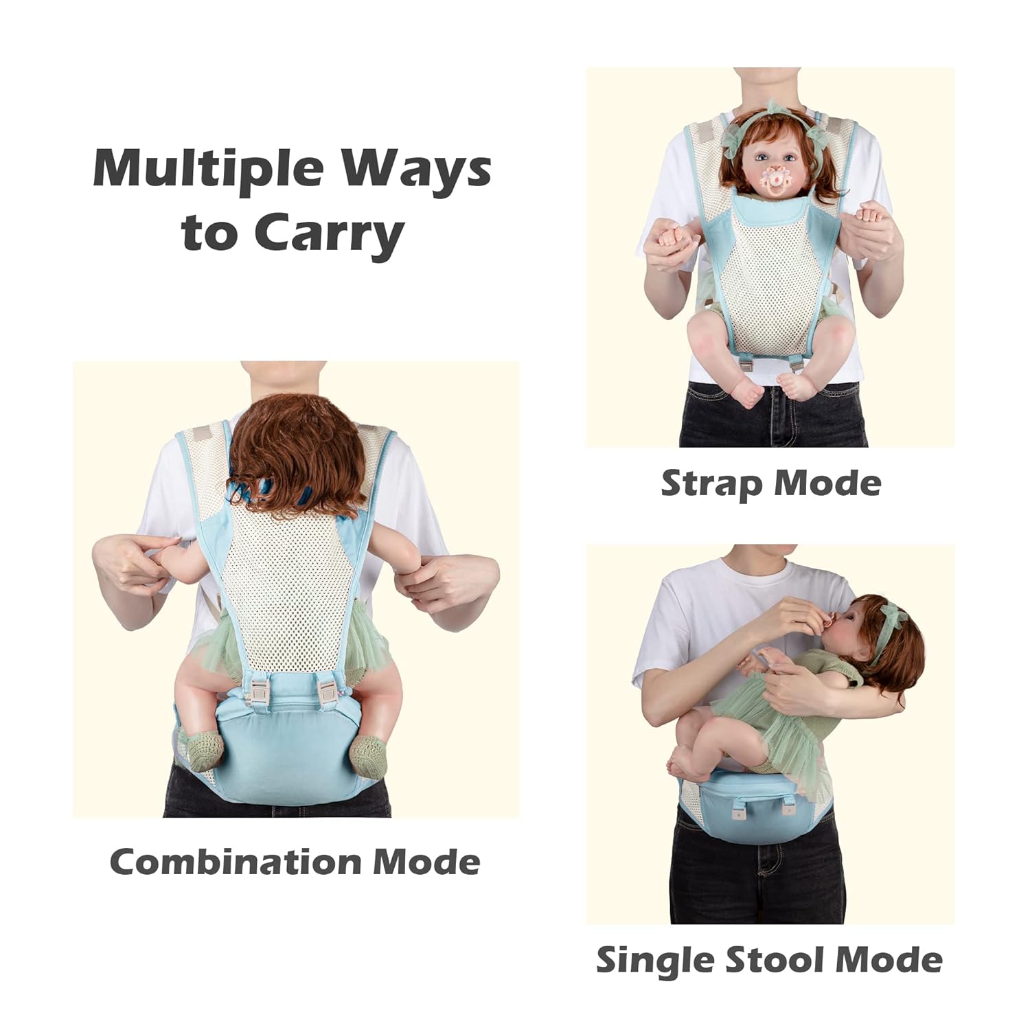 Portabebés de cadera con malla de aire transpirable, portabebés 3 en 1, ligero y cómodo, perfecto para padres en movimiento