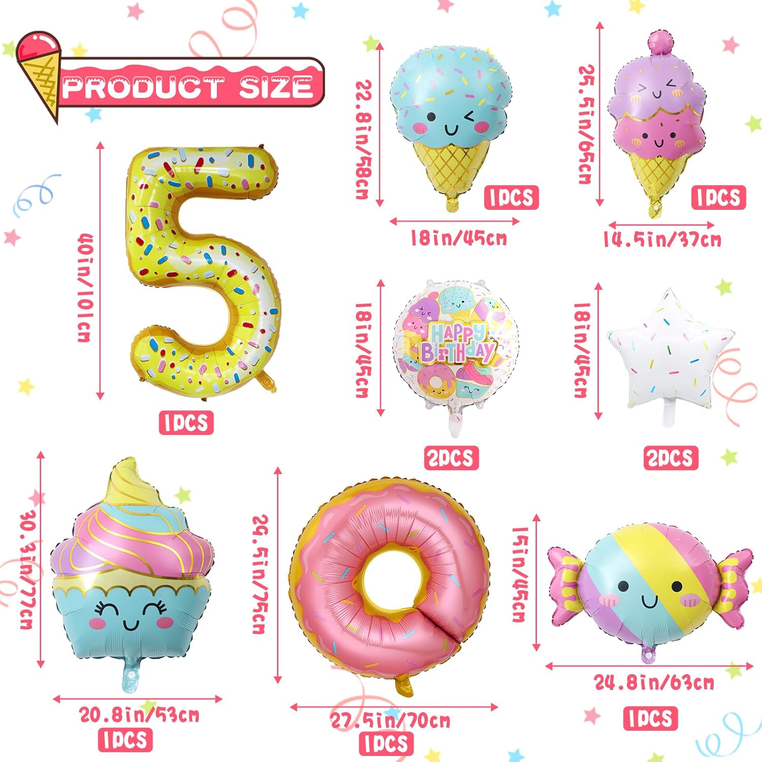 10 globos de helado, dona de helado, caramelo, número de cumpleaños, globo de papel de aluminio de mylar, tema de helado, suministros de fiesta de 5