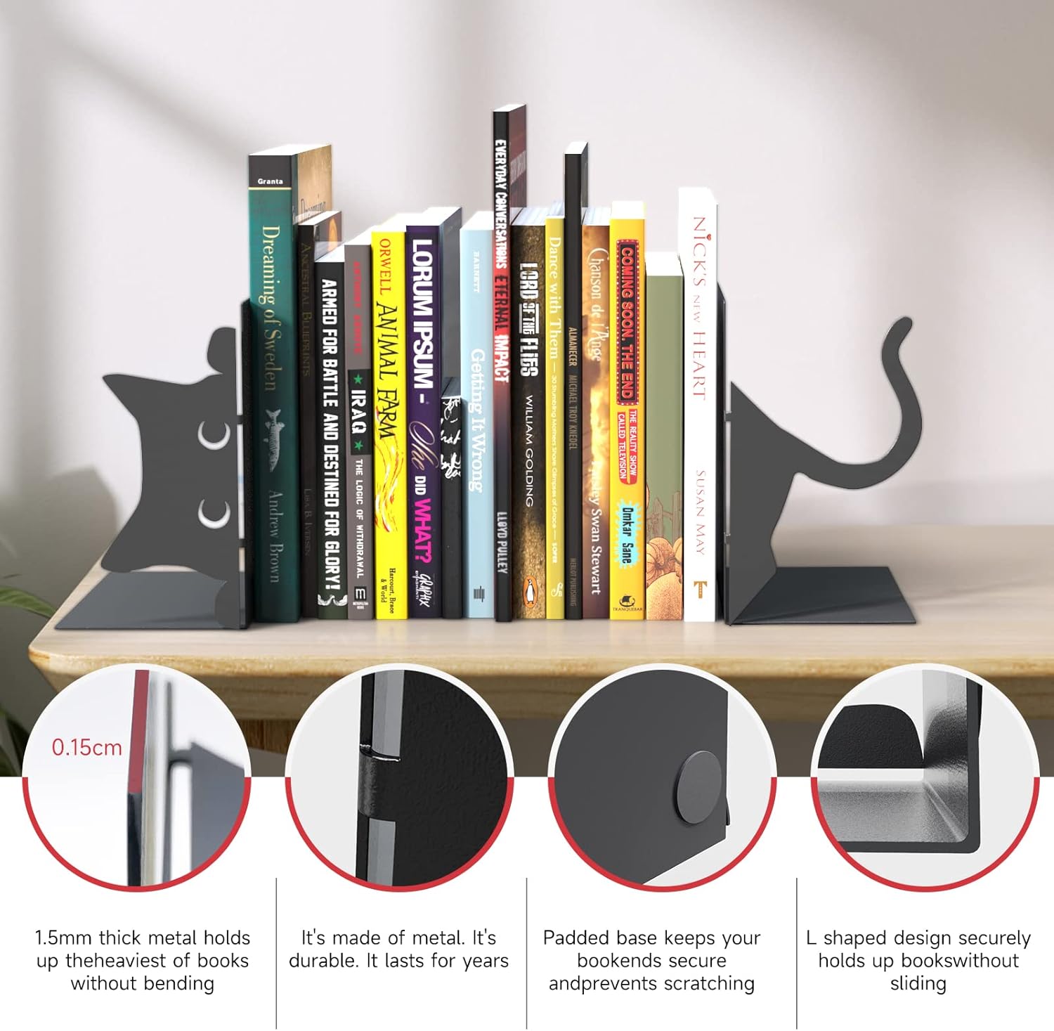 Extremos decorativos para libros, ENCIMART Book Ends, bonitos sujetalibros de gato, sujetalibros de metal, soportes para libros para estantes,