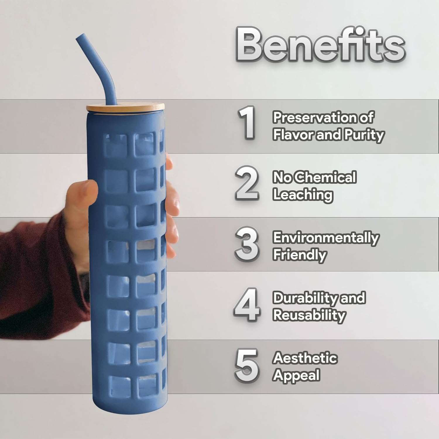 purifyou Vaso de vidrio de 32 onzas con popote, tapa de bambú y funda protectora de silicona, con marcas de volumen y tiempo para café caliente y
