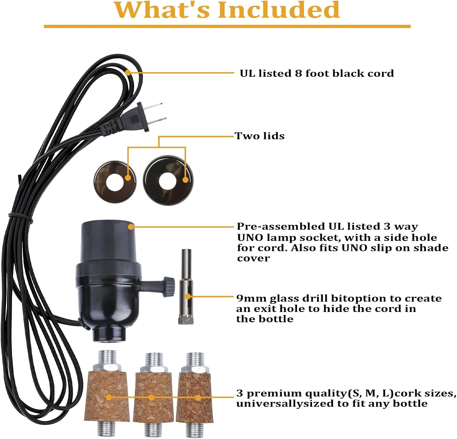 Kit de lámpara de botella con broca de vidrio de 0.354 in, kit de lámpara para botellas de licor con enchufe deslizante y cable de alimentación de 8
