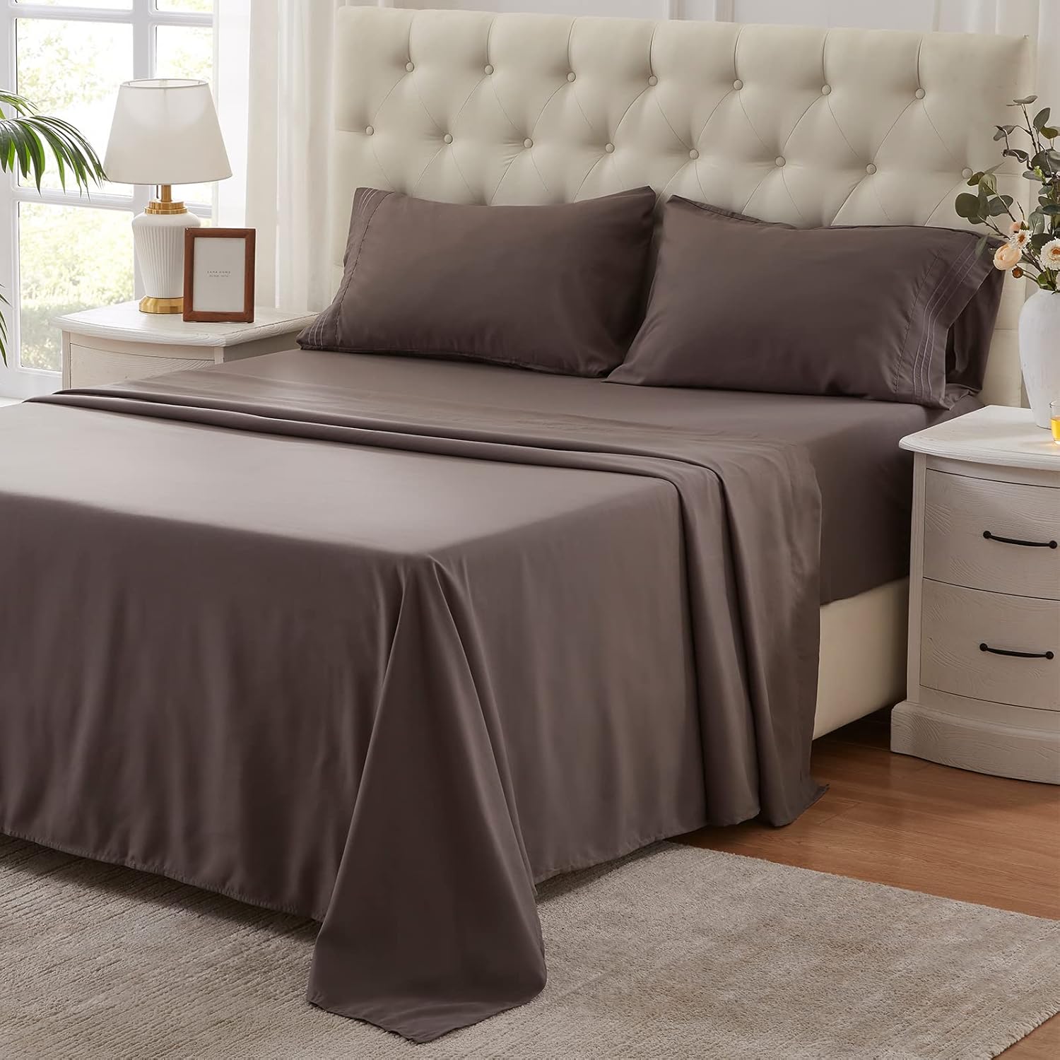 NexHome – Juego de sábanas de tamaño Queen para cama matrimonial, color gris, de microfibra, negro, juego de sábanas lavables, juego de sábanas de