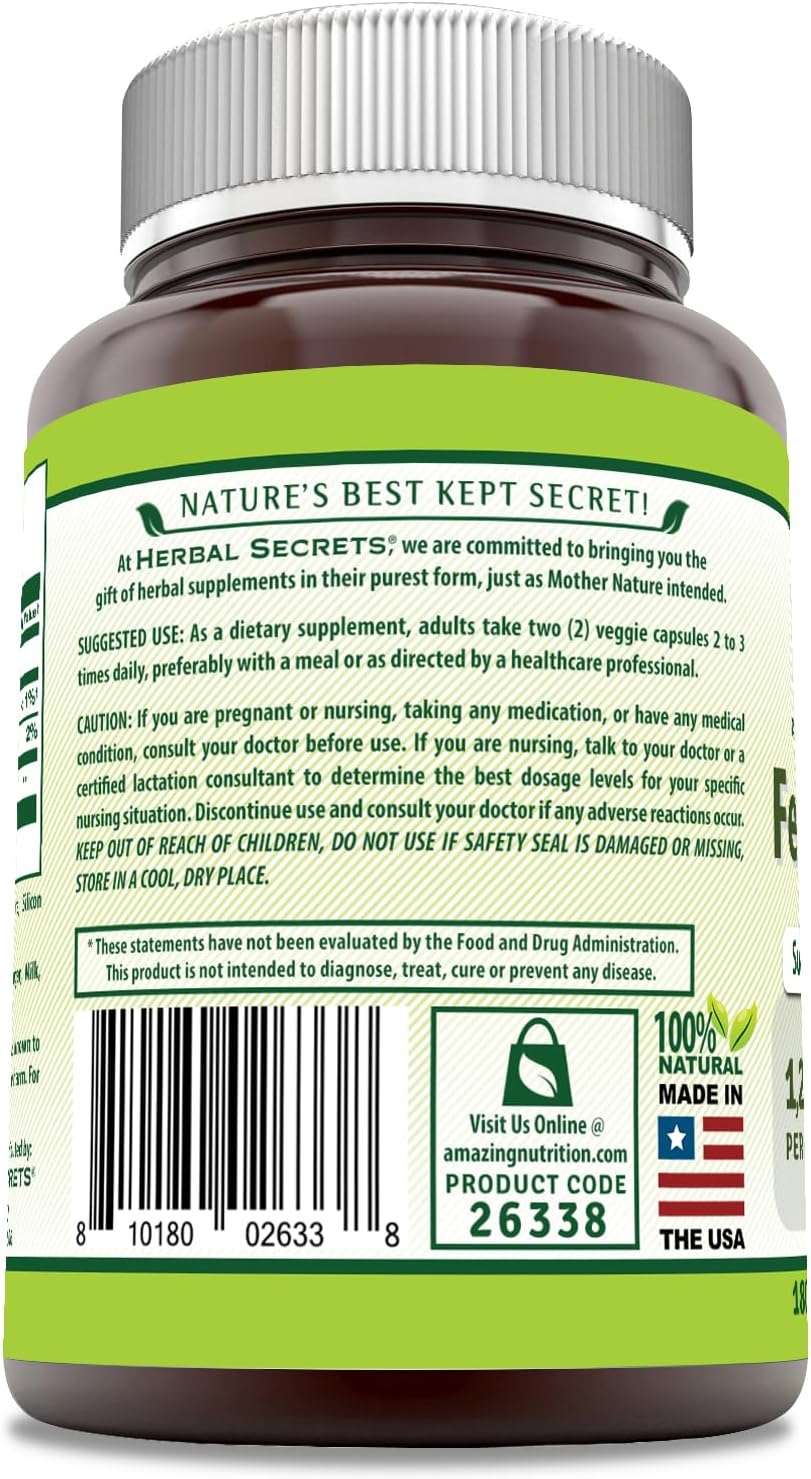 Herbal Secrets Suplemento de semillas de fenogreco de 1,220 mg  180 cápsulas vegetales  Sin OMG  Sin gluten  Fabricado en Estados Unidos